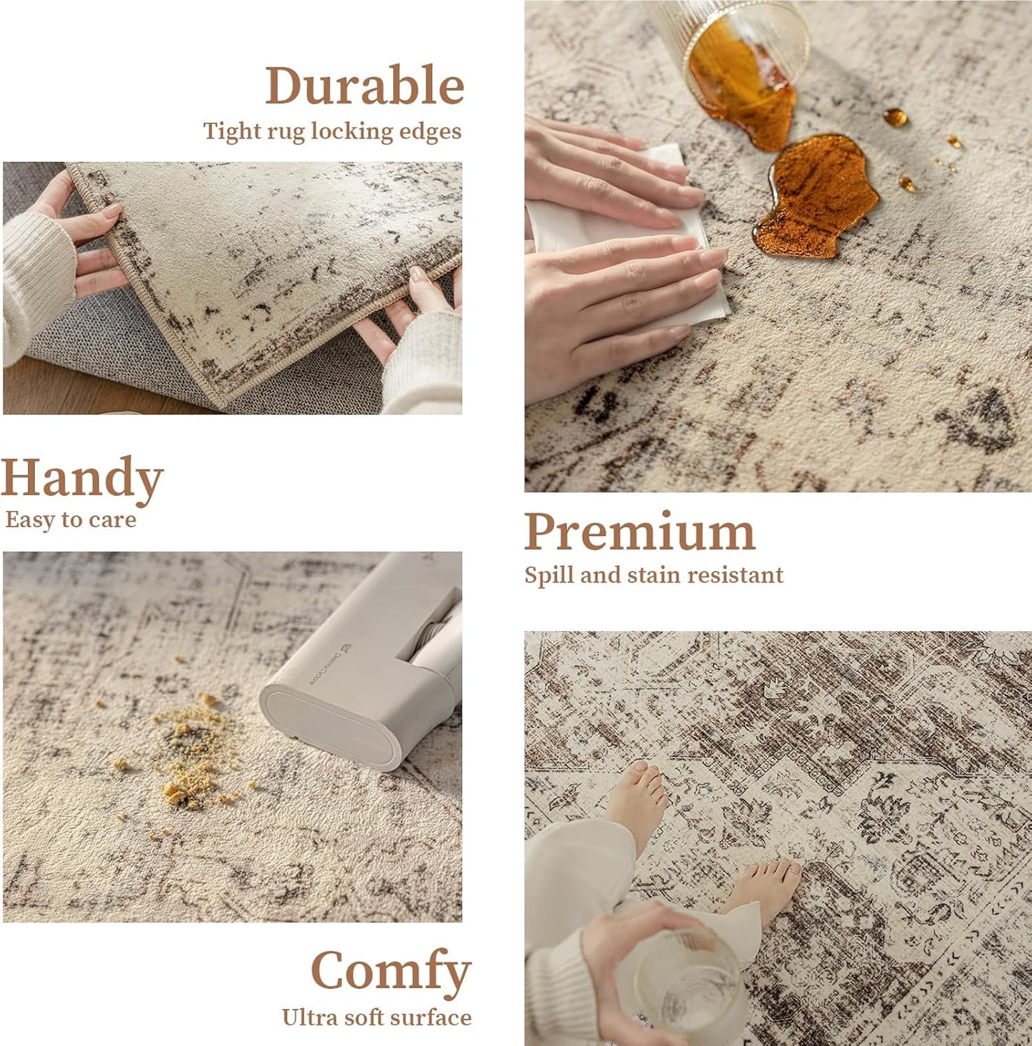 6'x9' Area Rug - Vintage Persian Medallion Design Low-Pile Faux Wool Rug, Non-Slip Backing, Machine Washable, for Living Room, Dining Room, Bedroom (Cream/Taupe)