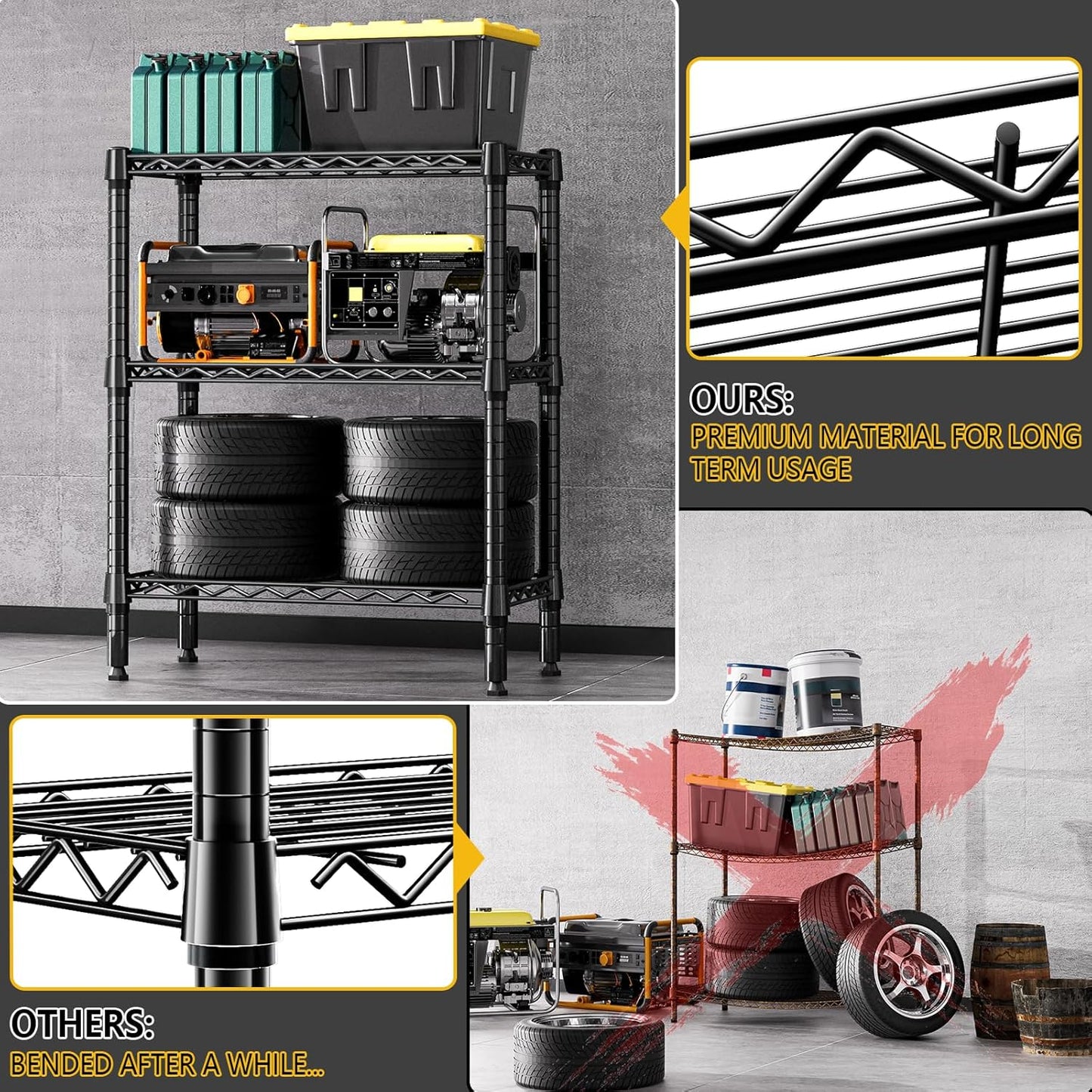 750 lbs 3 Tier Shelf Metal Storage Shelves Wire Rack Closet Organizers for Garage Kitchen Bathroom Laundry Black 11.8" D x 25.6" W x 31.5" H