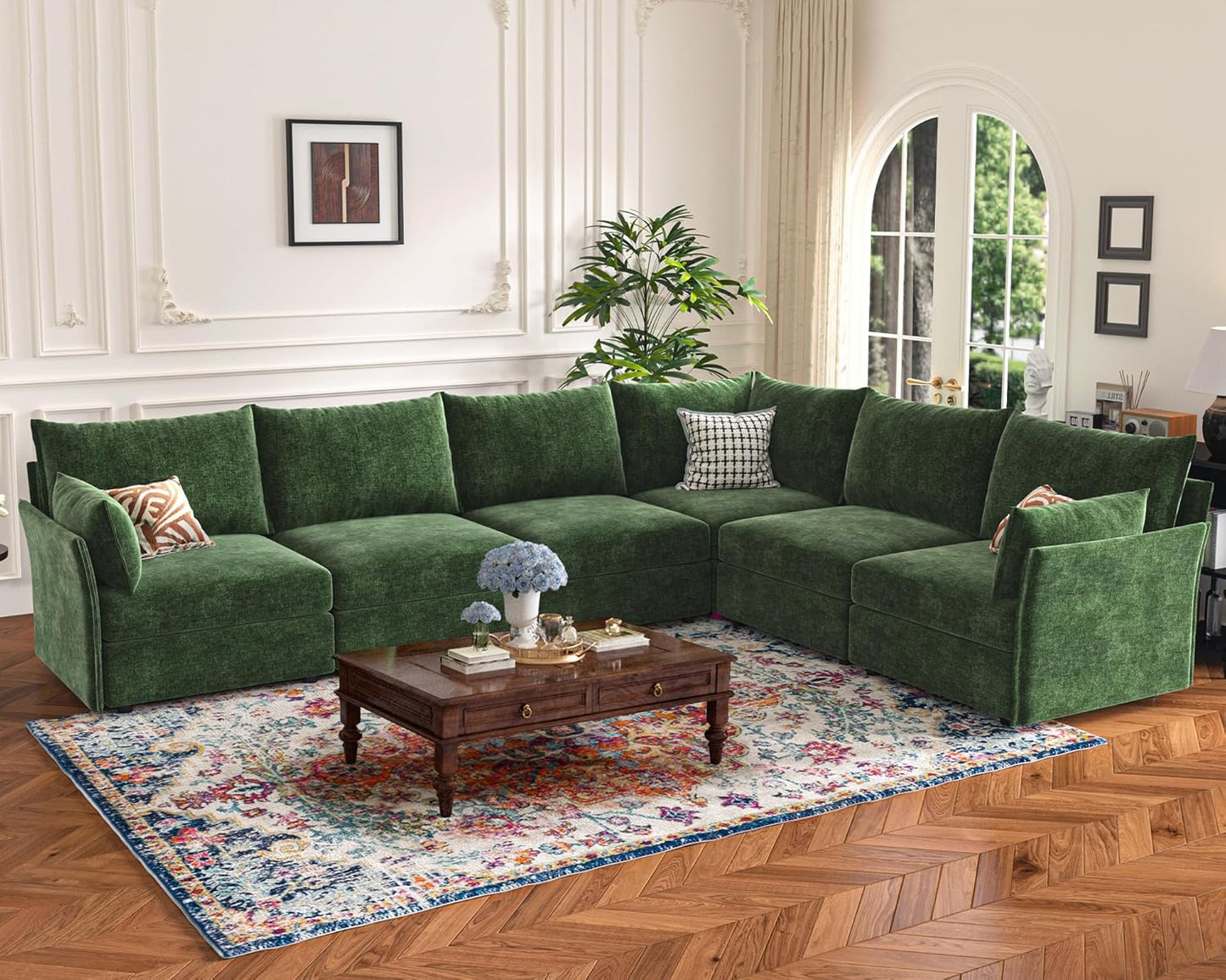 135.5" Oversized Modular Sectional Sofa, L Shaped Convertible Couch with Movable Ottoman, 5 Seat Corner Couches for Living Room Deep Seat Green Chenille