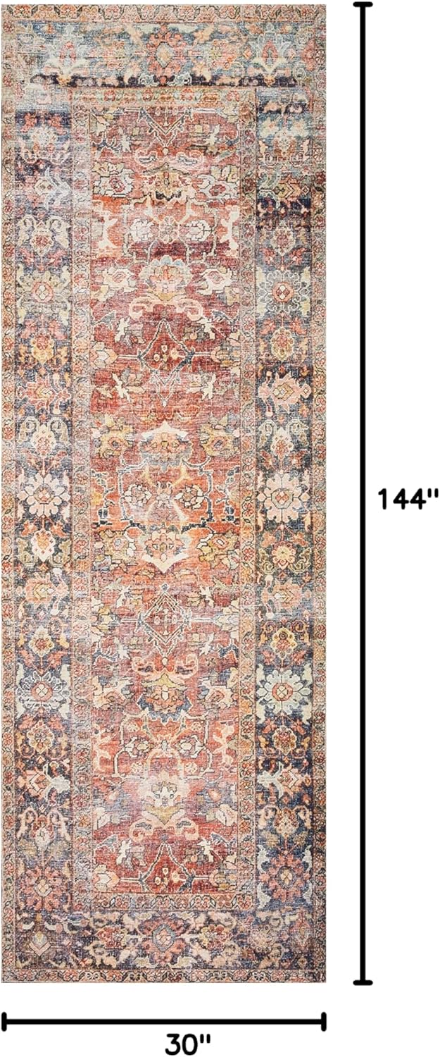 Loloi Layla Collection LAY-02 Spice/Marine 2'-6" x 12'-0" .13" Thick Runner Rug, Soft, Durable, Vintage Inspired, Distressed, Low Pile, Non-Shedding, Easy Clean, Printed, Living Room Rug