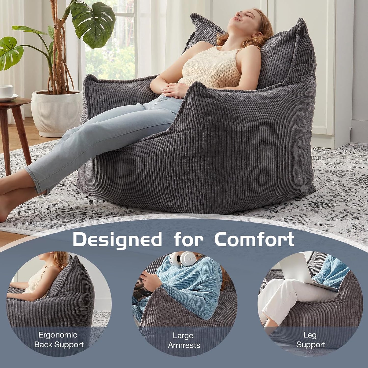 Giant Bean Bag Chair Sofa for Adults Teens, Comfy Corduroy Large Bean Bag Chairs with Armrests for Bedroom Living Room, Adult BeanBag Lazy Sofa Couch Chairs with Filler Included