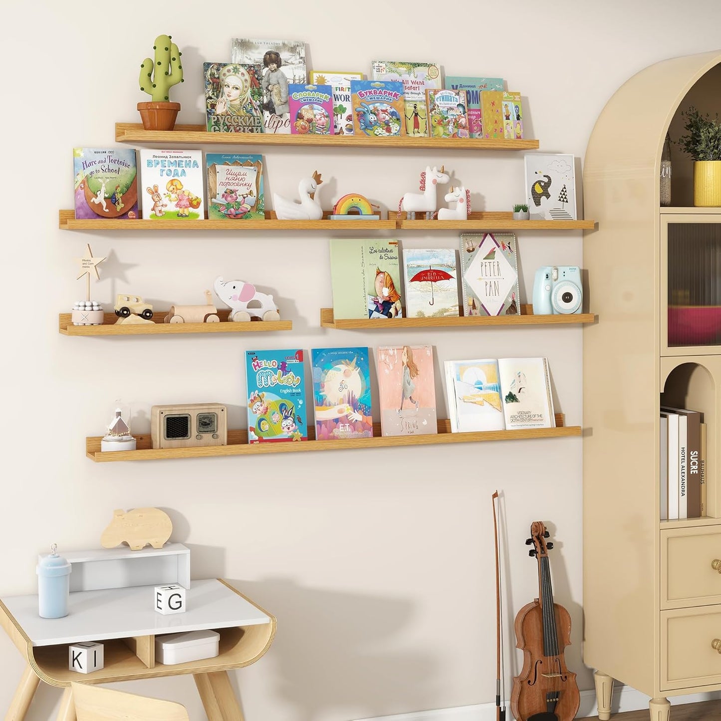 Fun Memories Picture Ledge Shelves Set of 2, 24 Inch Rustic Wall Mounted Floating Shelves with Lip for Home Storage and Décor in Bathroom, Kitchen, Nursery, Bedroom, Living Room, Oak