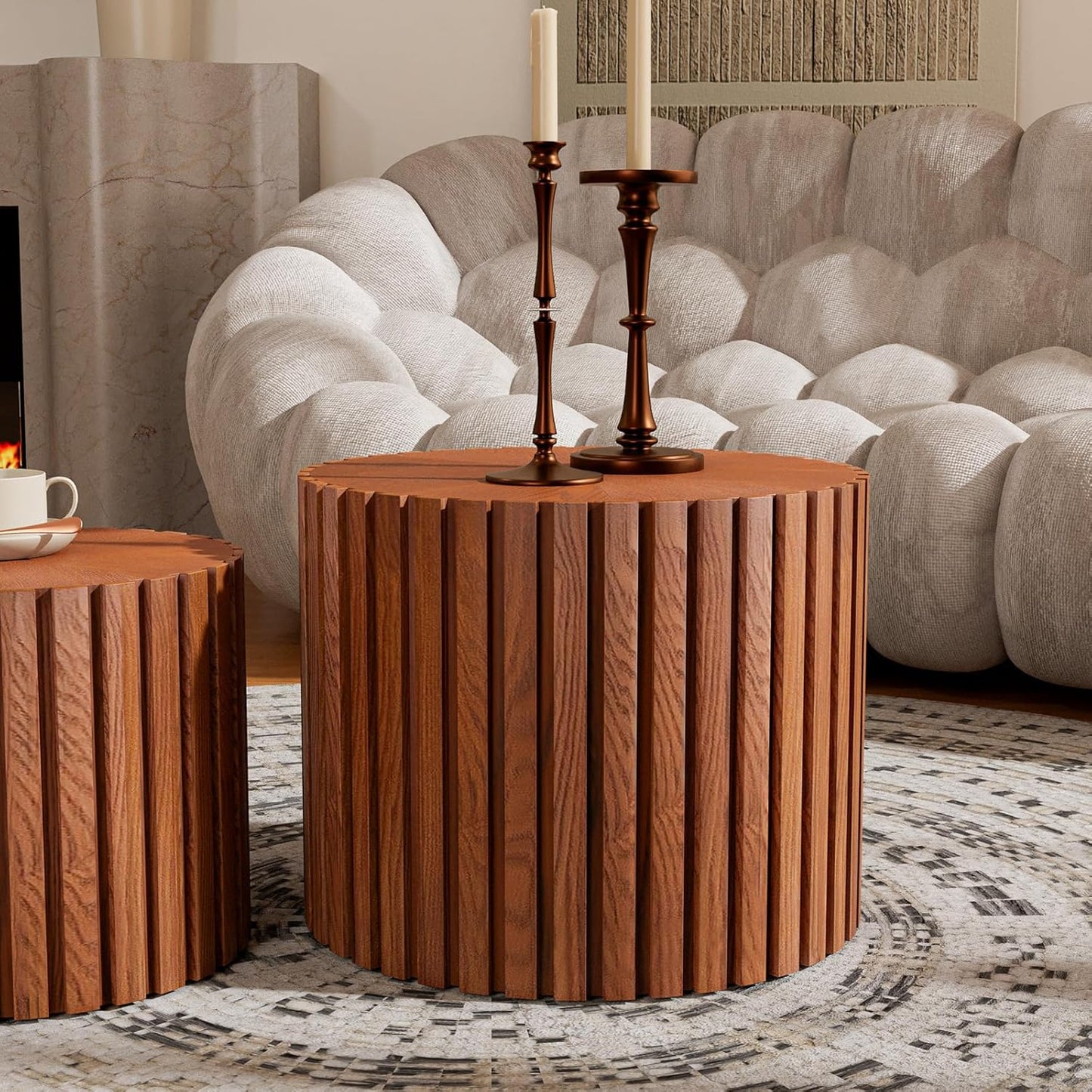 Round Coffee Table Set of 2, Nesting Coffee Table and End Table Set Small Circle Drum Side Table for Living Room Office, No Assembly (C Walnut Small)