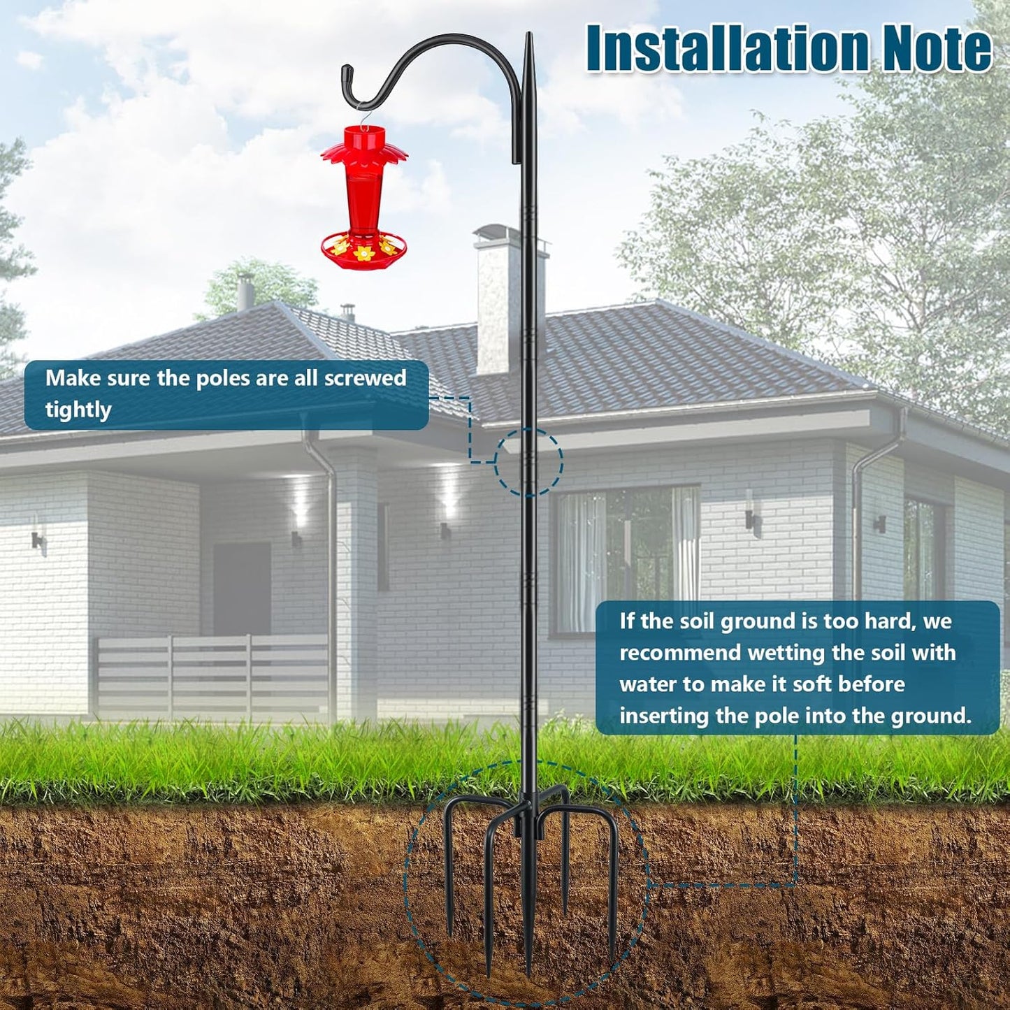 Gtongoko 63 Inch Shepherds Hooks for Outdoor with 5 Prongs Base, Adjustable Bird Feeder Pole Garden Hooks for Hanging Lanterns, Plants Baskets, Hummingbird Feeders, 2 Pack