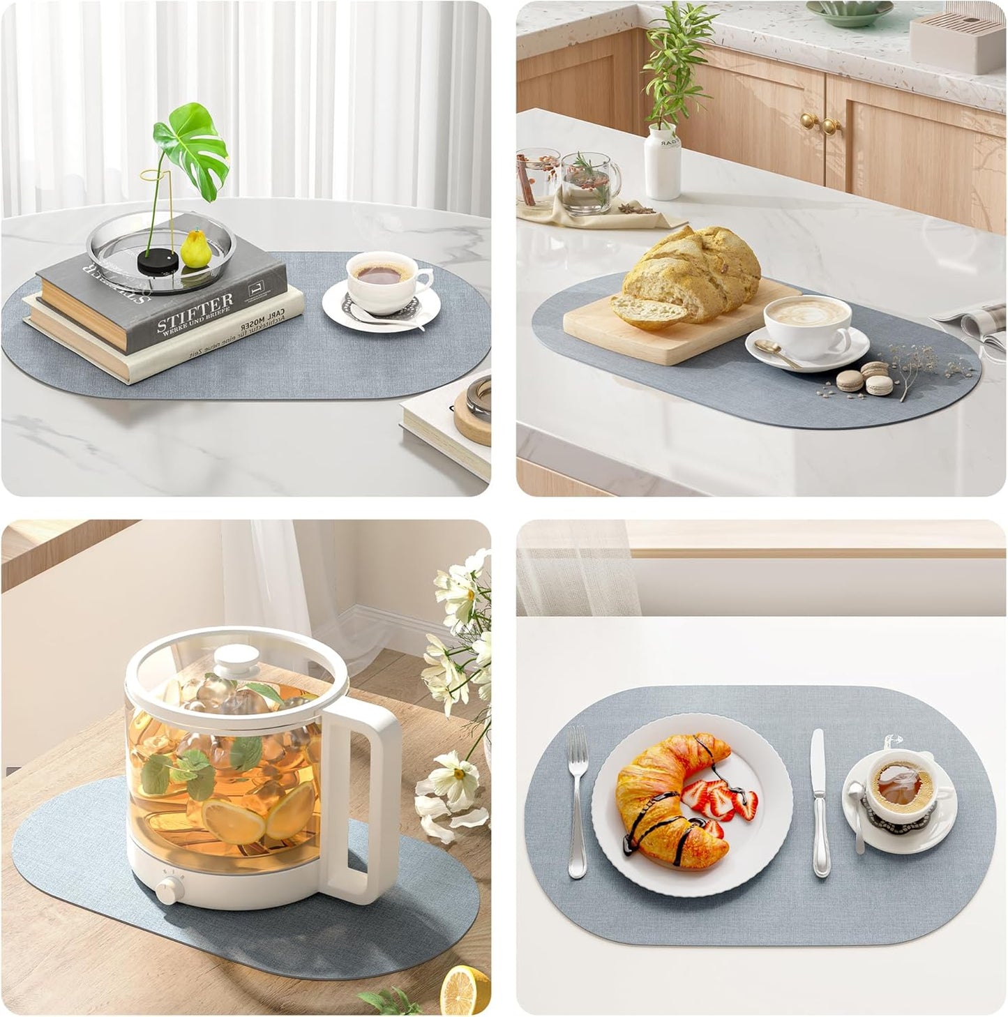 DOLOPL Placemats Set of 6, Oval Reversible Wipeable & Heat Resistant Place Mats, Modern Faux Leather Table Mats for Kitchen, Neutral Tablemats for Dining Table Decor, Wedding, Party(Dusty Blue)