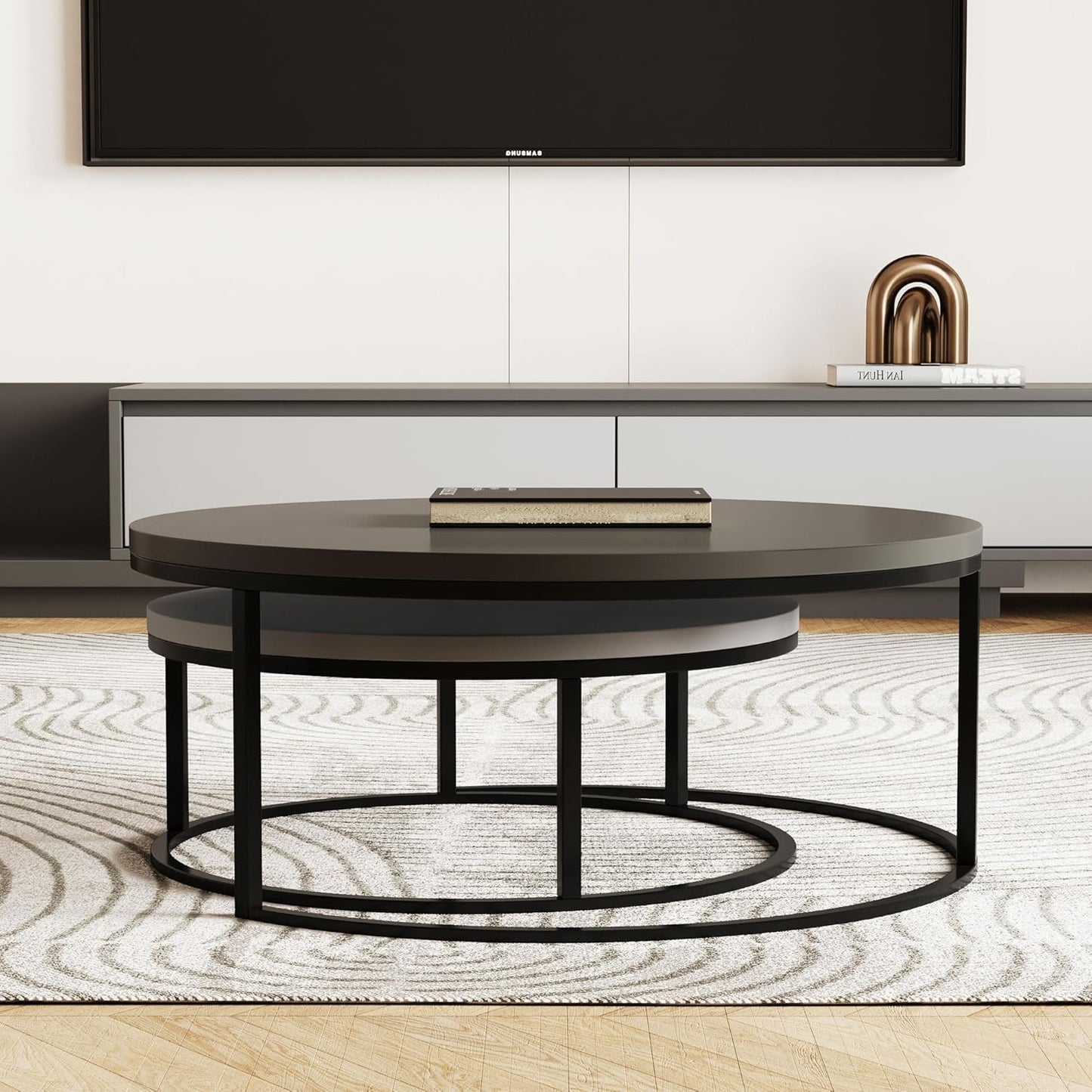 Modern Round Coffee Table Set, Nesting Cocktail Tables with Black Metal Legs, Dark Gray/Light Gray, Easy Assembly, 31.5/23.7 Inches, Perfect for Living Room, Bedroom, or Lounge