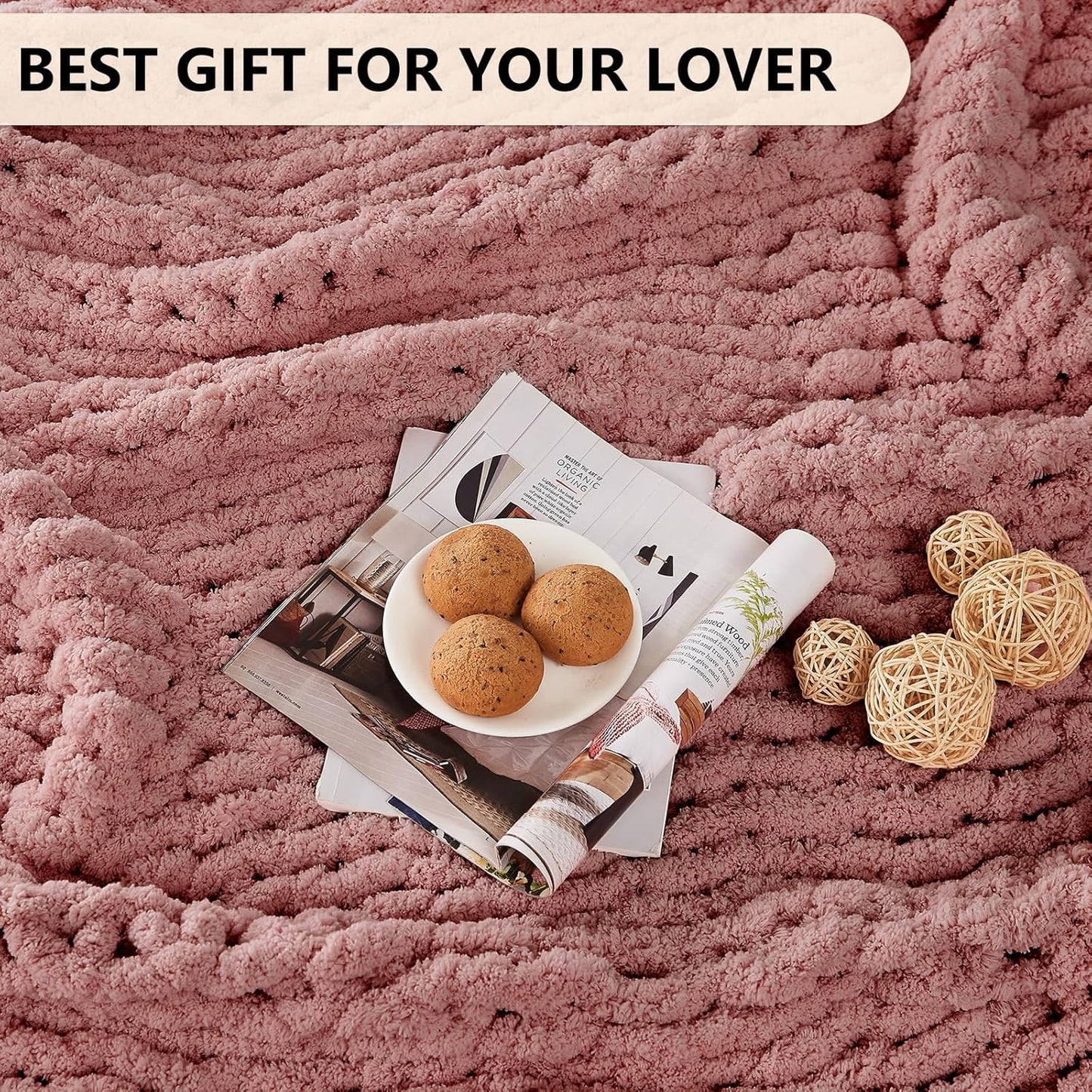 L'AGRATY Chunky Knit Blanket Throw - Soft Chunky Throw Blanket 60x80: 100% Hand Kintted Chenile Crochet Throw Blanket for Couch - Large Cable Knit Chunky Blanket for Home Decor(Rose Pink)