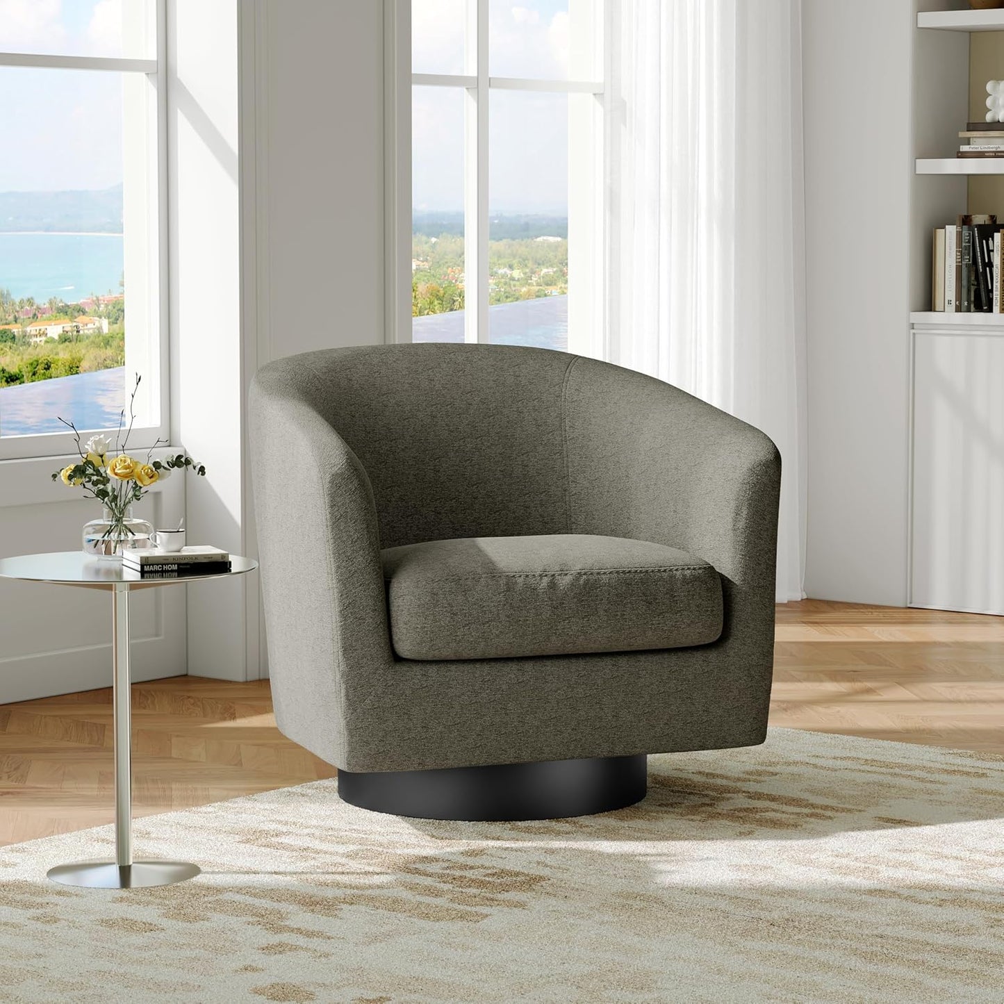 Swivel Barrel Accent Chair, Modern Round Chenille Fabric Arm Chair for Living Room, Bedroom, Comfy Club Reading Chairs for Adults(Chenille Fabric, Tan, Set of 1