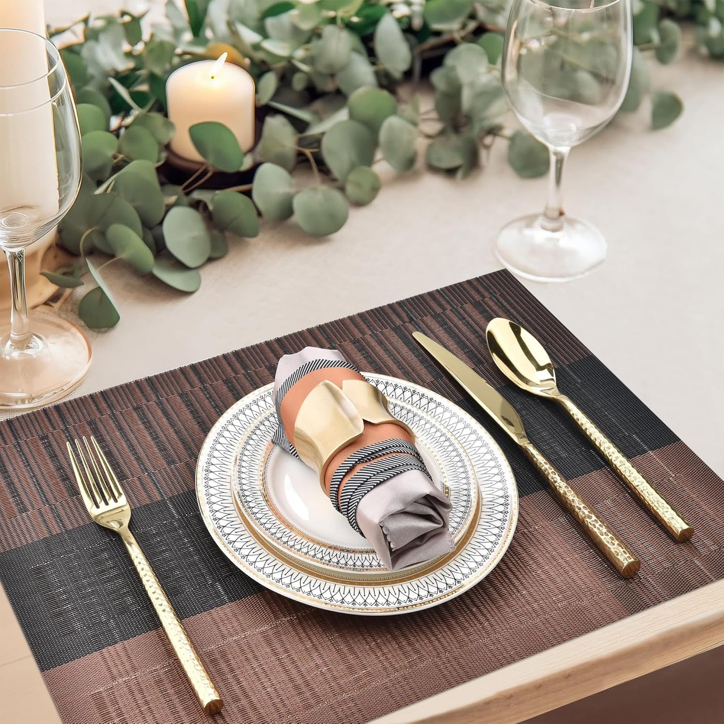 Brown Placemats Set of 4 - Easy Clean Modern Durable Washable Vinyl Place Mats - Heat Resistant Placemats for Kitchen Table - PVC Table Mats for Dining Table (Brown Black, 4)