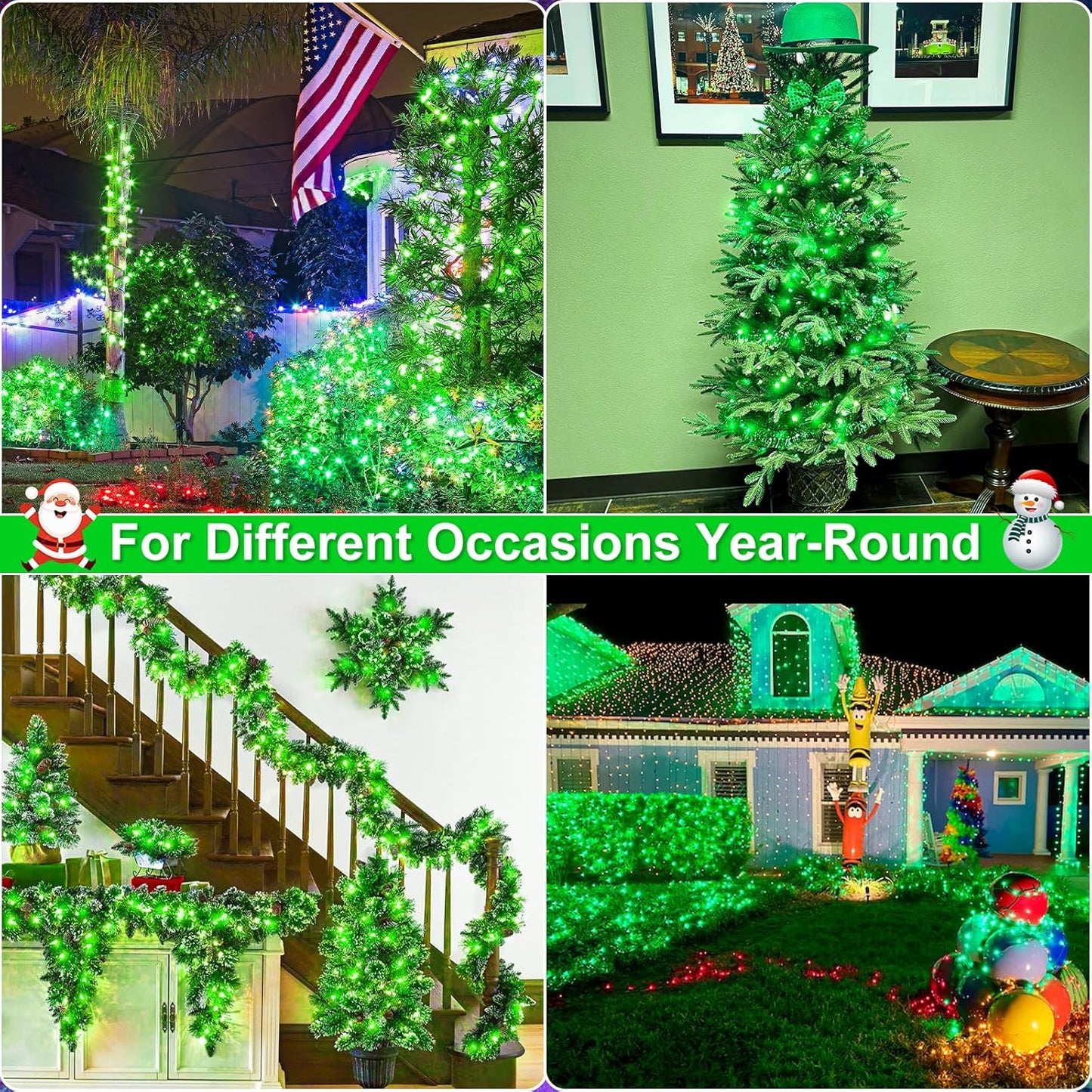 2 Pack Christmas Lights Outdoor, Total 200FT 600LED String Lights for Outside with 8 Modes Waterproof, Green Wire Twinkle Tree Lights Green Wire for Indoor Yard Garden Party Decorations, Green