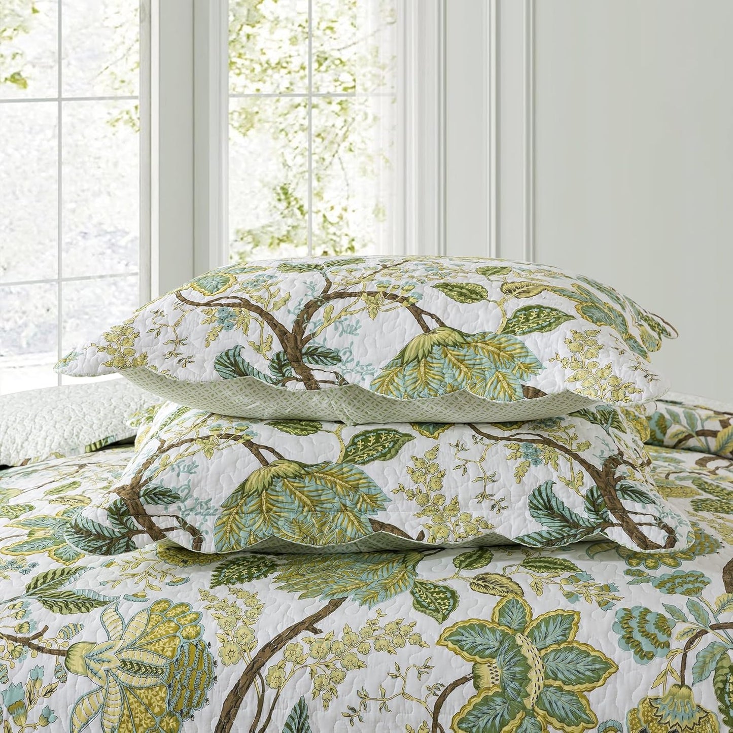 NEWLAKE Cotton Bedspread Quilt Sets - Reversible Patchwork Coverlet Set, Floral Vine Pattern, King Size