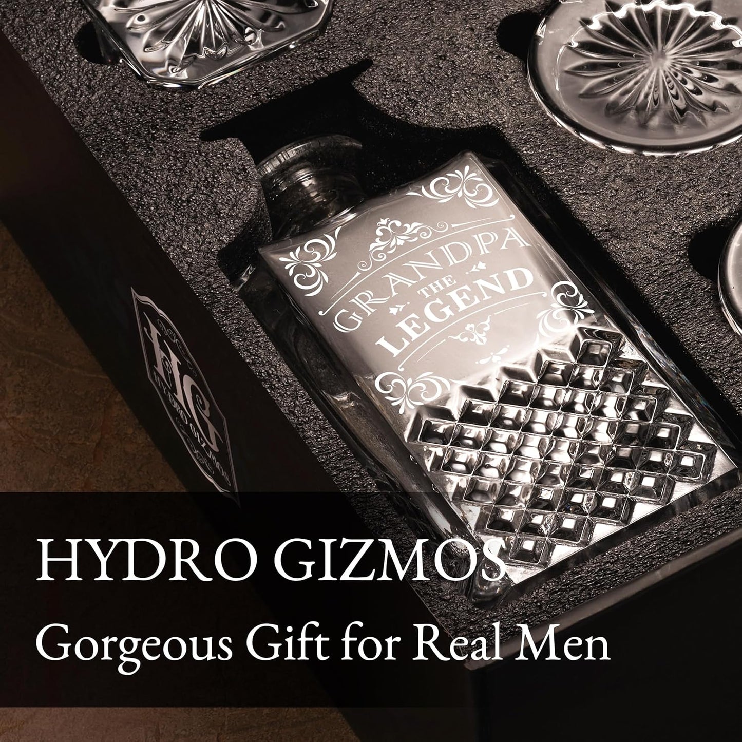 Luxury Gift For Men - Grandpa The Legend - Unique Engraved Whiskey Decanter Set For Beloved Grand Father or Dad Christmas, Birthday Gift – 4 Whiskey Glasses And Decanter Set for Whisky, Bourbon Ets.