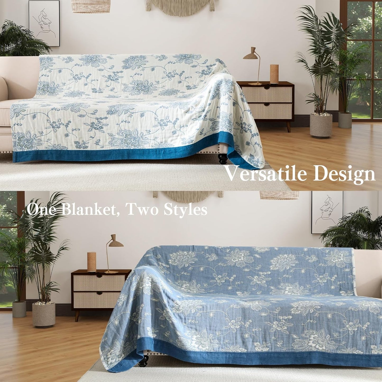 Boho Throw Blanket Twin Size, Soft Cozy Cotton Muslin Quilt Blanket for Bed Decor, Floral Patterned Couch Sofa Chair Cover, Vintage Farmhouse Cottage Tapestry Woven Blanket, Blue and White