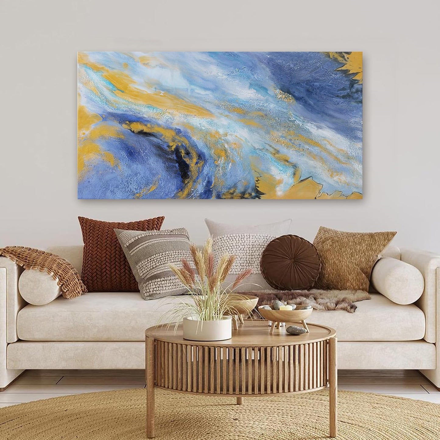 Canvas Wall Art Decor Large Blue Gold Wall Art Prints Modern Abstract Wall Art for Living Room Art Work for Wall Decor Azure - Gold Fluid Symphony Artwork for Walls Home Office Decor 24" X 48"