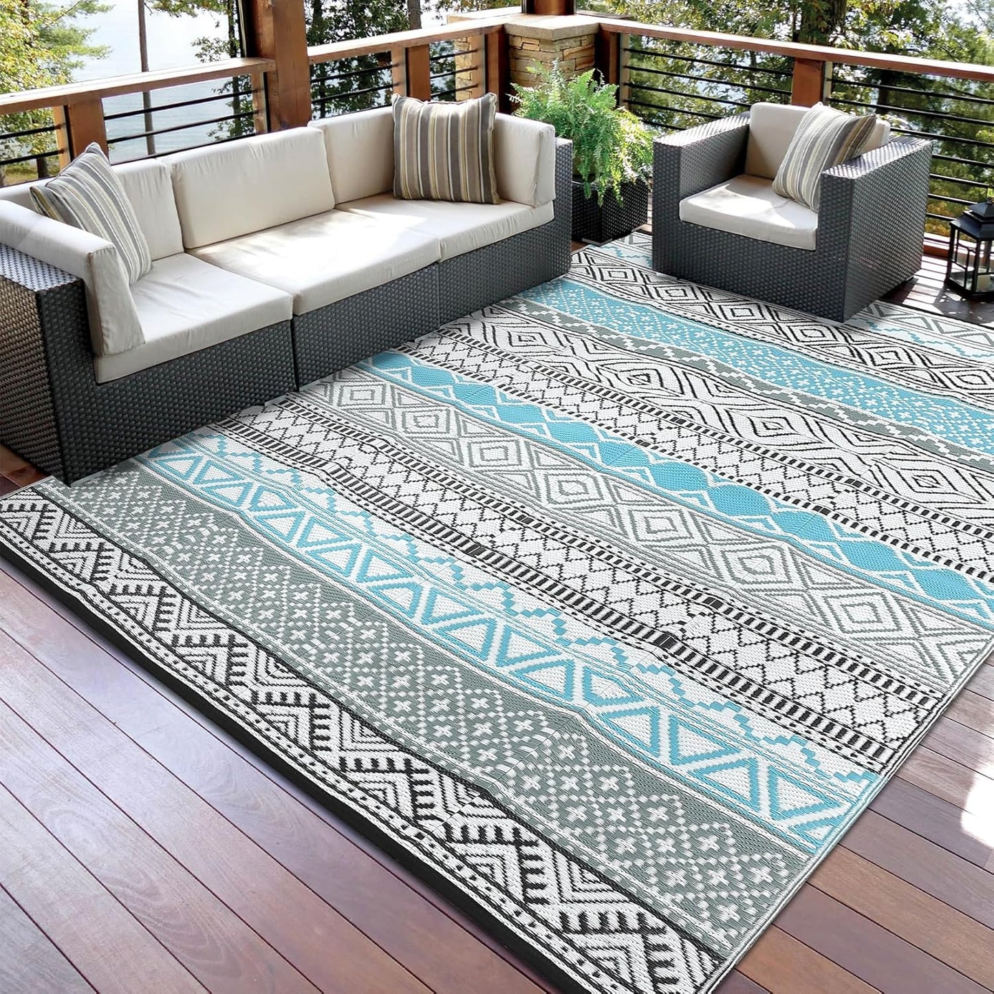 GAOMON Outdoor Plastic Straw Rug, 10'x20' Reversible Sage Green Patio Mat, Flower Modern Design for RV, Backyard, Deck, Camping, Picnic, Blue/Grey(Bohemia)