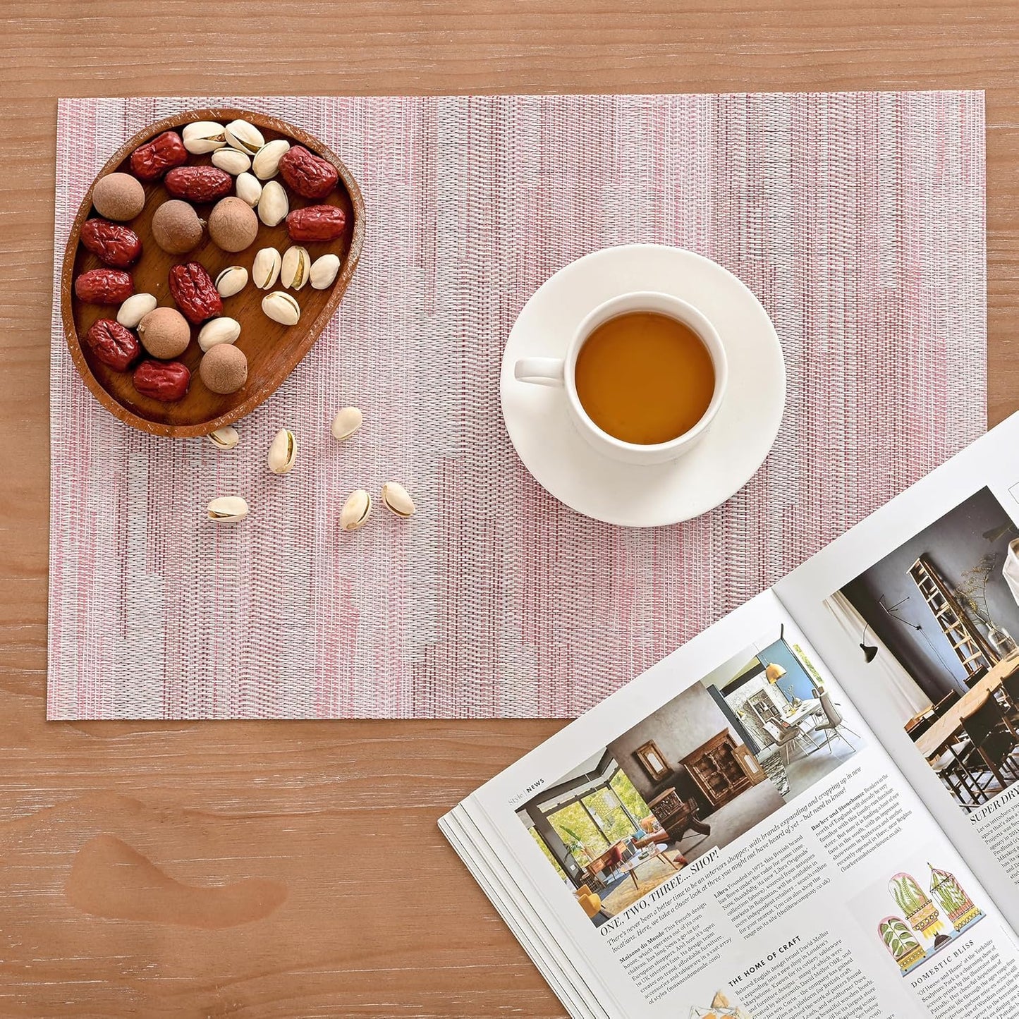 Leetaltree Misty Rose Placemats Set of 6 - Heat Resistant Non-Slip Place mats for Dining Table, Washable Durable PVC Vinyl Woven Table Mats(Misty Rose, 6)