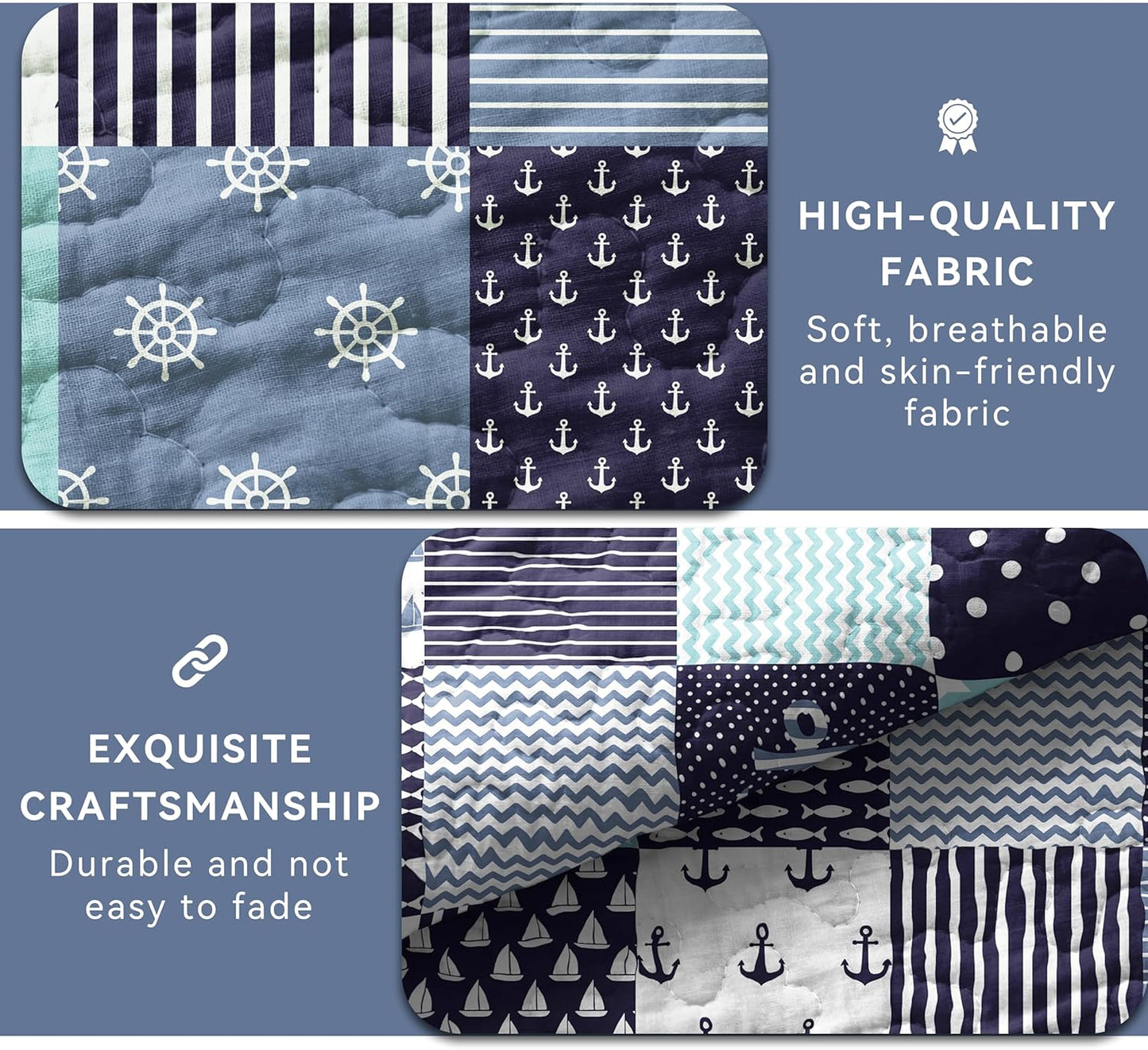 Nautical Bedding Queen Size Coastal Quilt with 2 Shams, Coastal Beach Comforter Sets Ocean Bedspreads Coverlet Summer Bedding, 90''x96''