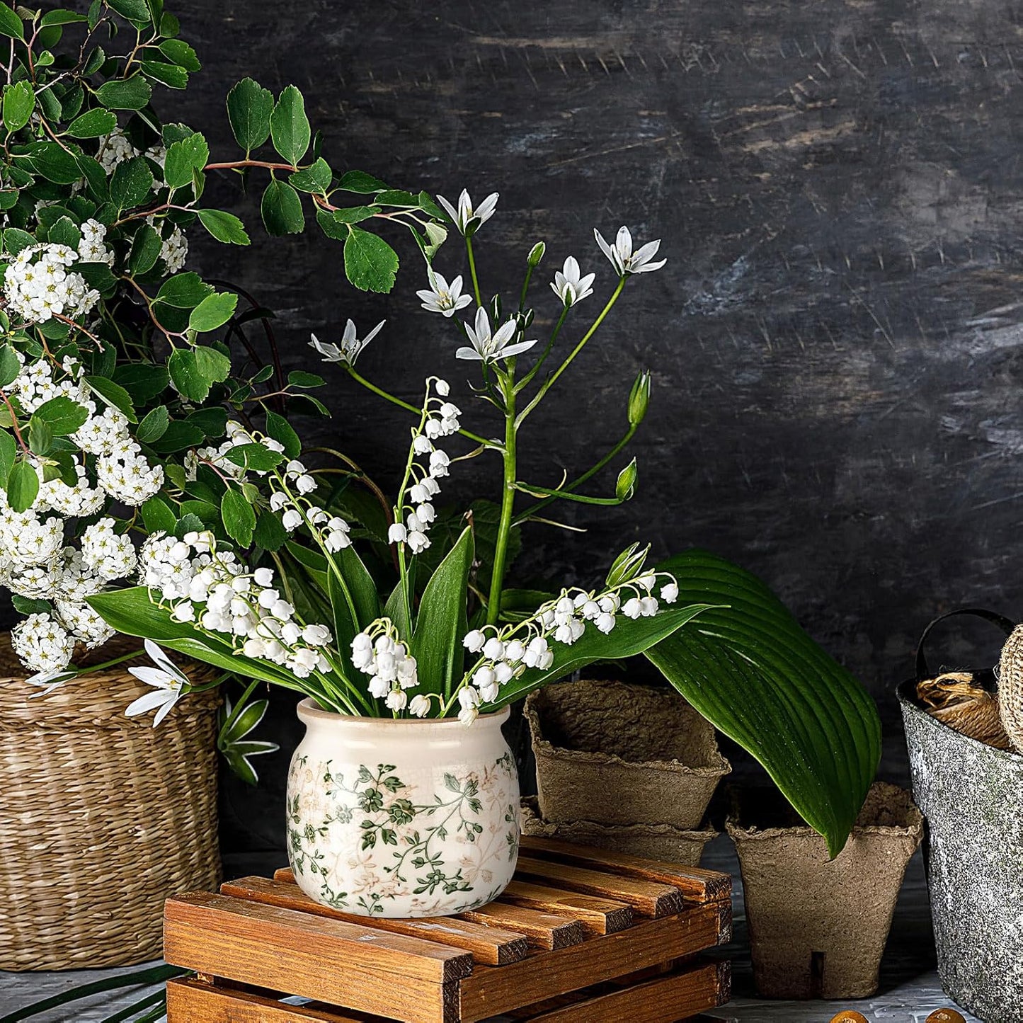 Vintage Planter Large Ceramic Plants Pot Green Pink Pastoral Floral Ice Crack Cottage Scroll Vase Flower Vase Pot Indoor Plants Home Kitchen Decor Farmhouse Antique Decorative Gifts