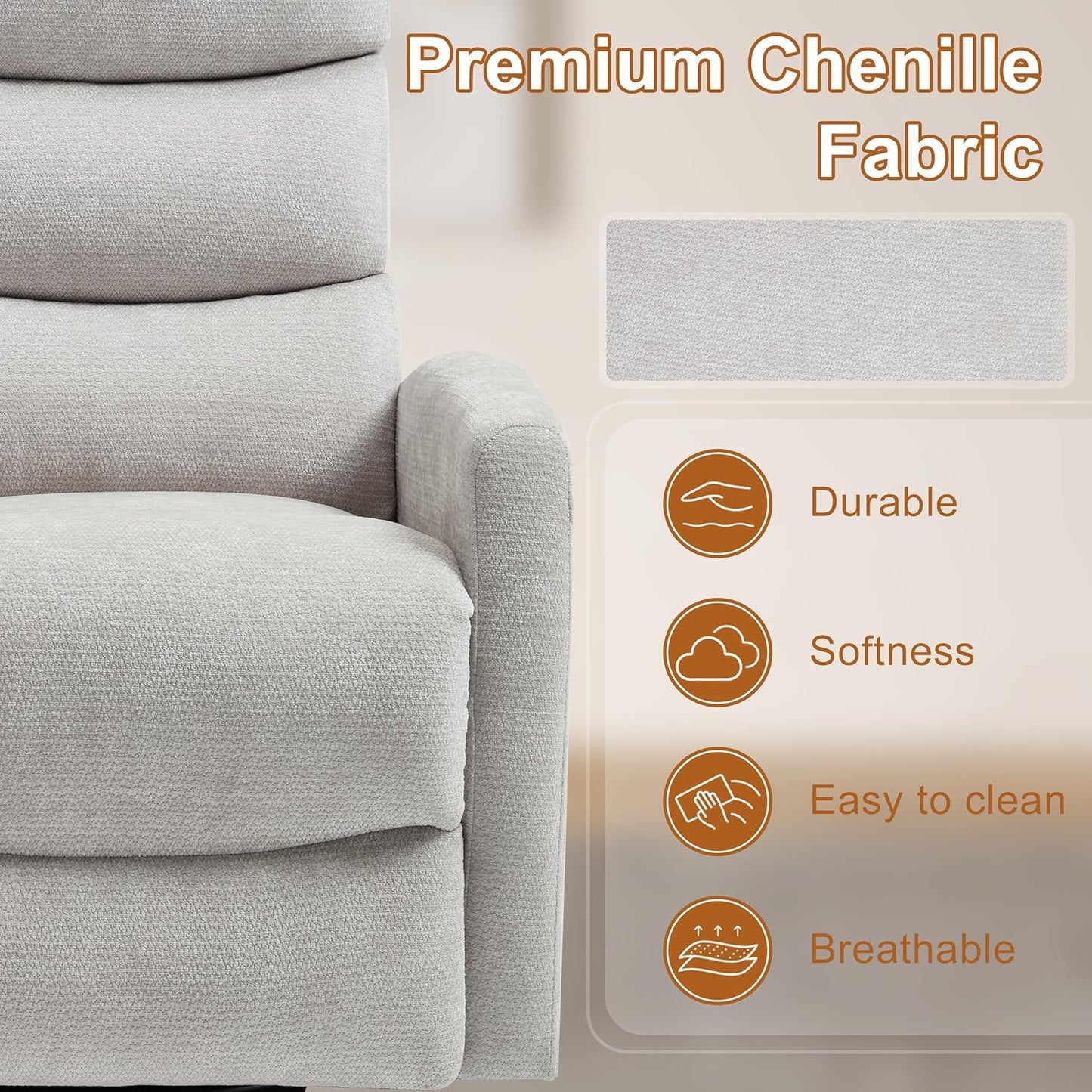 Manual Swivel Rocker Recliner Chair for Adults, Overstuffed Reclining Glider Chair for Nursing with Vibration Massage & Heat, Living Room Rocking Recliner 3-Stage backrest, Chenille Fabric Light Gray