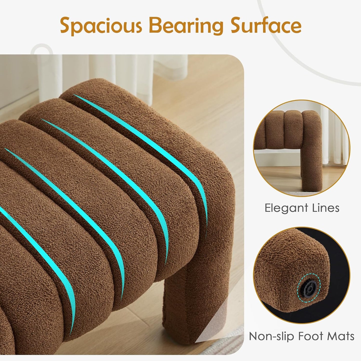 63" Bedroom Bench, Upholstered Entryway Bench, Modern End of Bed Ottoman with Solid Wood Legs and Adjustable Foot Pegs for Entryway, Dining Room and Living Room (Brown Boucle)