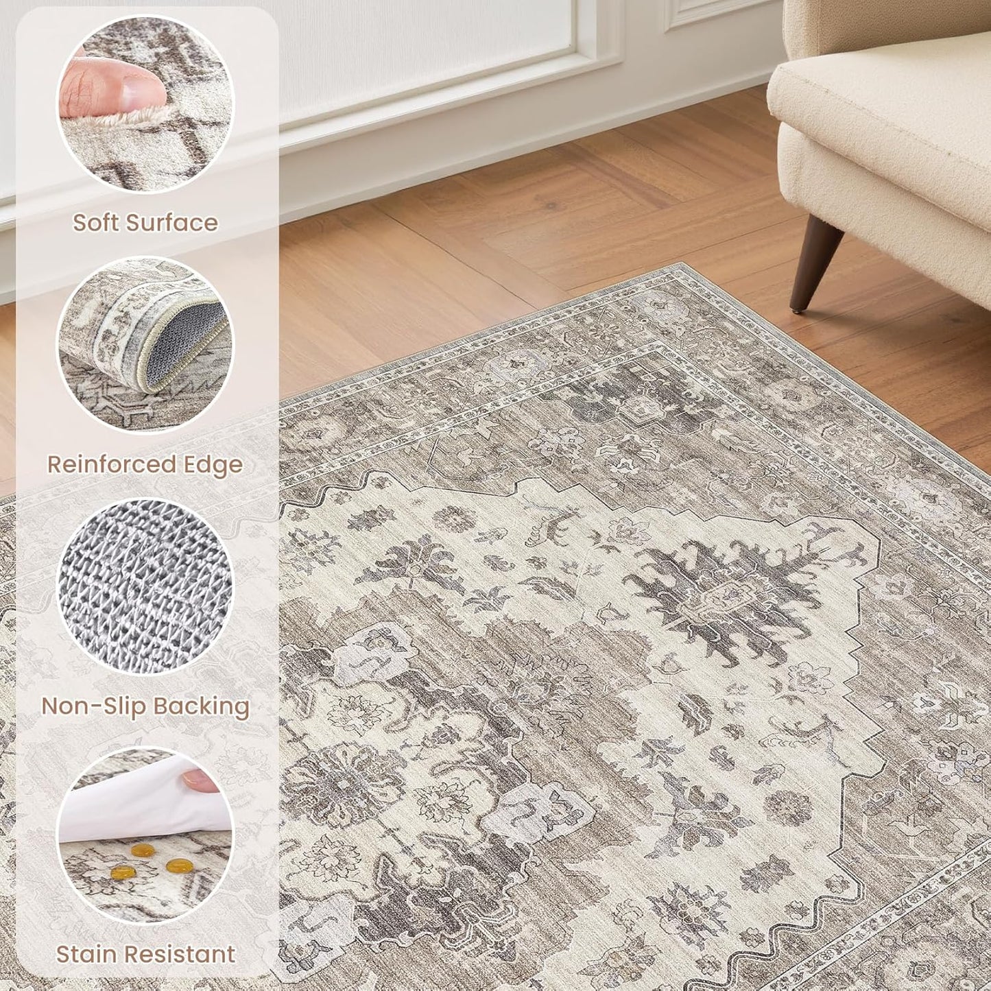 Washable Area Rugs for Living Room -8x11 Neutral Vintage Distressed Floral Farmhouse Boho Large Soft Floor Rug Indoor Non Slip Carpet for Living Room Bedroom Dining Room Office-Brown/Beige