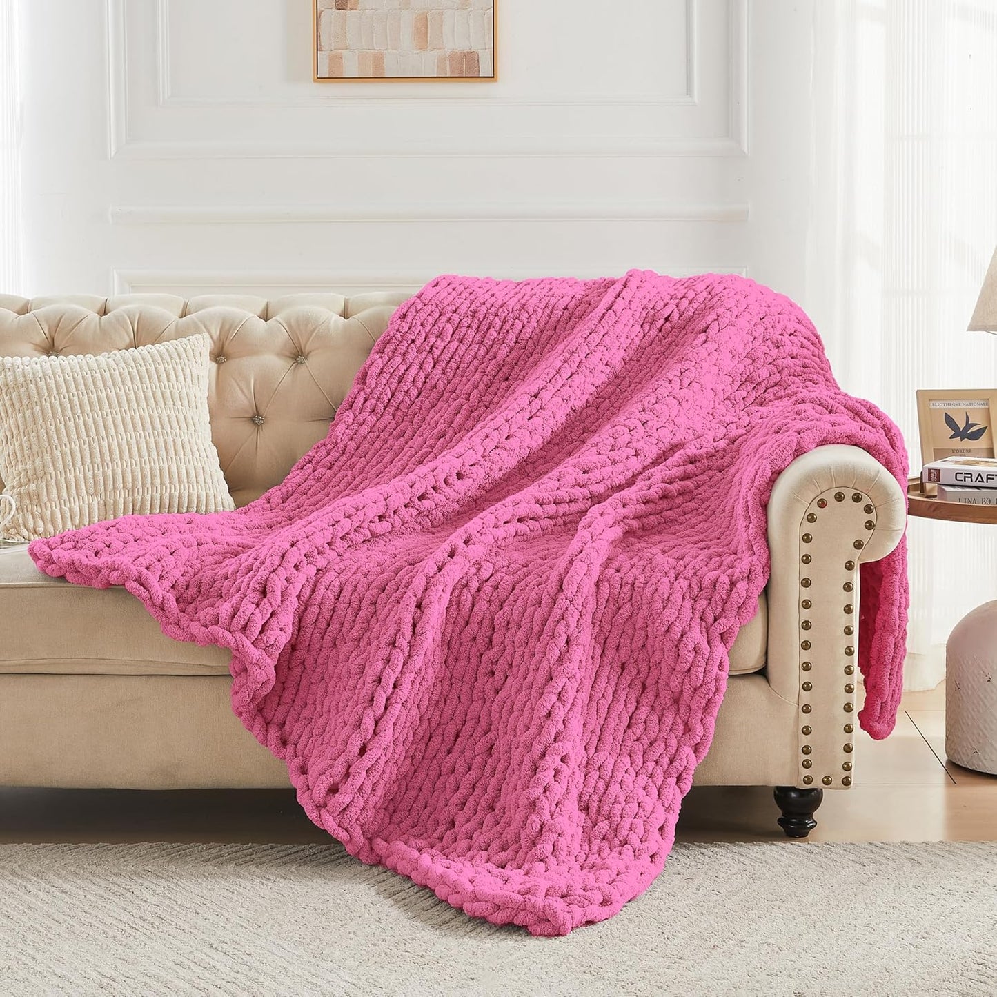 Carriediosa Chunky Knit Throw Blanket 60" X 80" Twin, 100% Hand Made Large Chenille Loop Yarn Soft Fluffy Throws for Couch Sofa Bed, Big Crochet Cozy Heavy Thick Cable Woven Blankets, Hot Pink