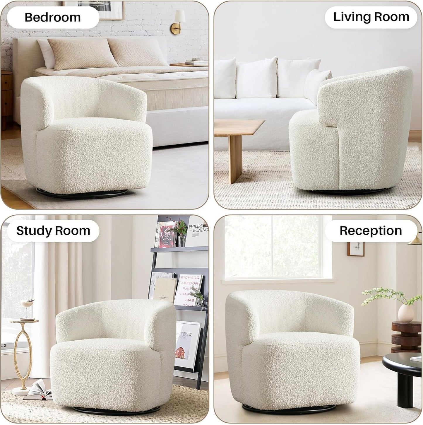 Swivel Accent Chair, Sherpa Teddy Barrel Chair for Living Room, Cozy Round Boucle Arm Chair, Metal Base for Club Nursery Bedroom, White