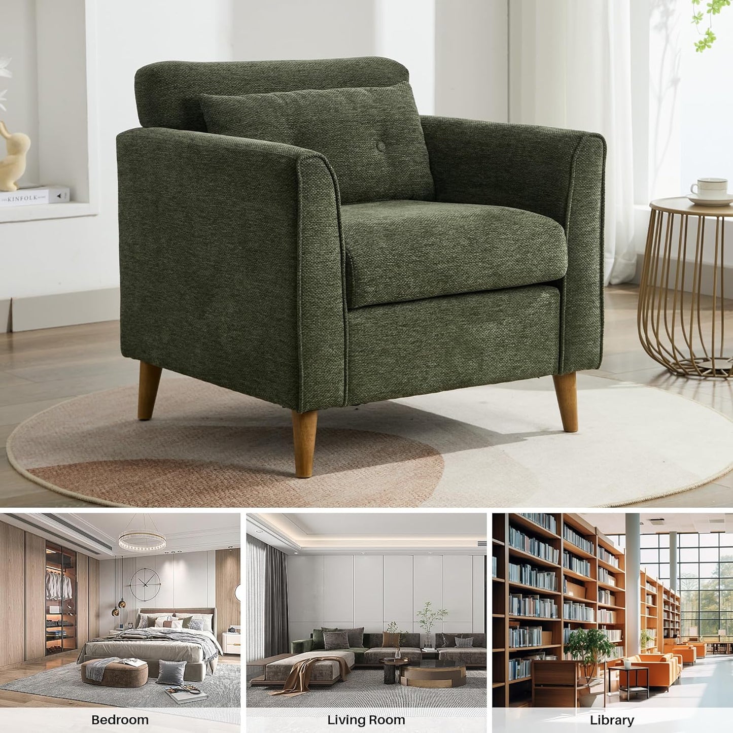 Modern Accent Chair with Wooden Legs Plush Fabric Armchair Cozy Reading Chair for Living Room, Bedroom, Study (Green Armchair)