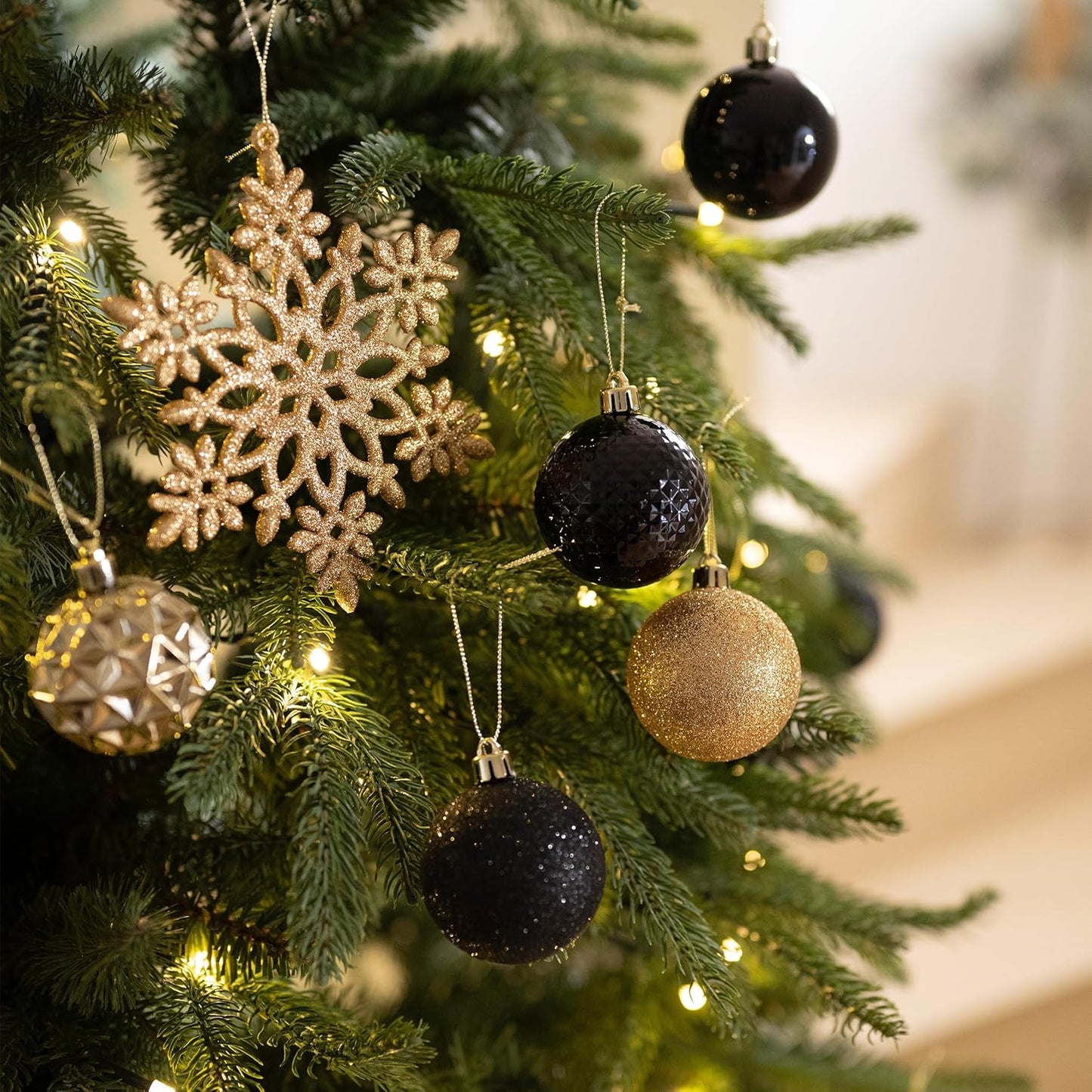 Valery Madelyn Christmas Tree Decorations Ornament Set for Fall Halloween, 50ct 2.36 Inches Black and Gold Shatterproof Christmas Ball Ornaments Hanging Xmas Holiday Party Decor