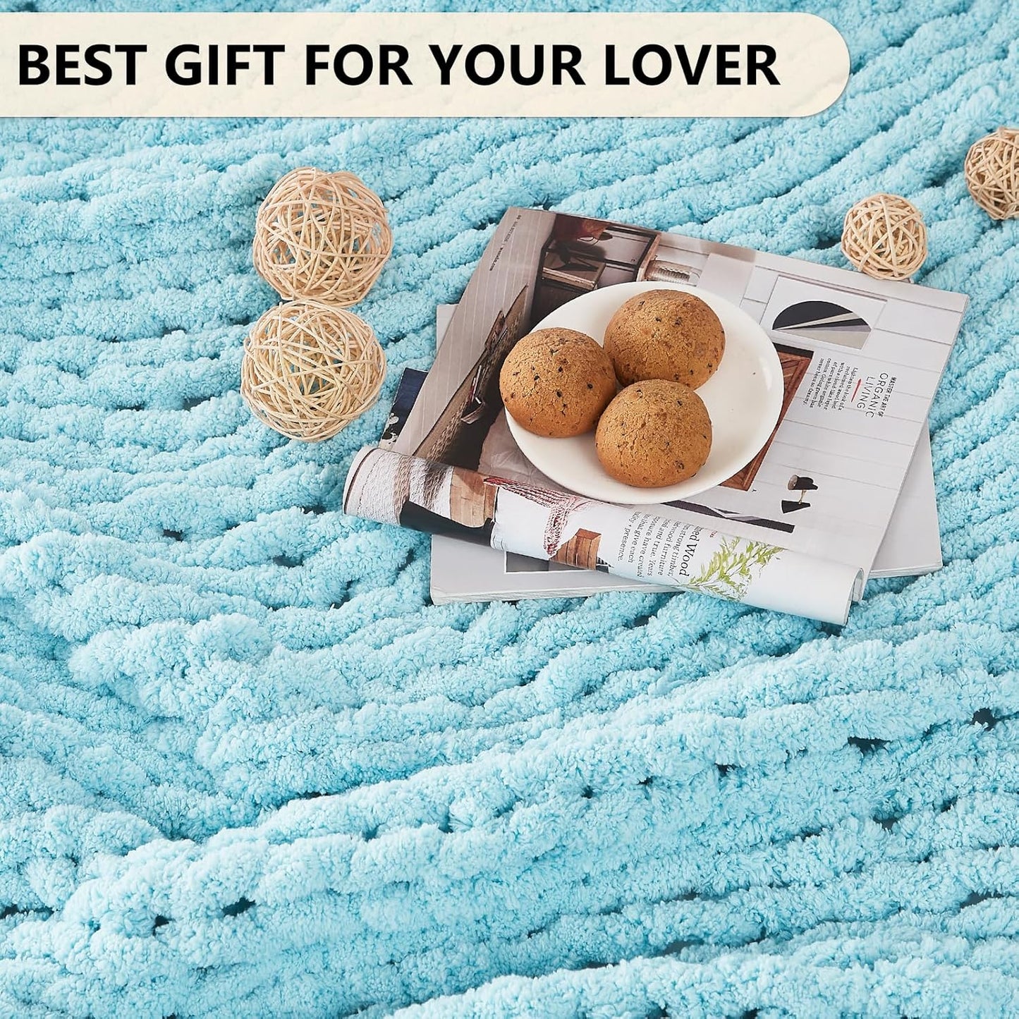 L'AGRATY Chenille Chunky Knit Blanket, Light Blue, 60x80, Heavyweight Throw Blanket for Home Decor