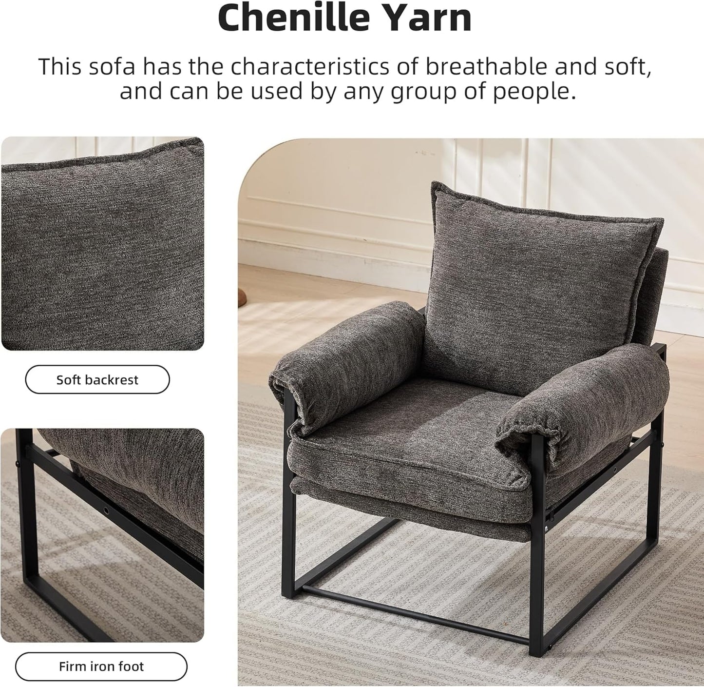YISHENG Accent Chair with 6-Angle Adjustable Backrest, Chenille Fabric Living Room Chair Upholstered Lounge Chair, Modern Chair Cozy Reclining Chair for Reading Room, 1PC Gray