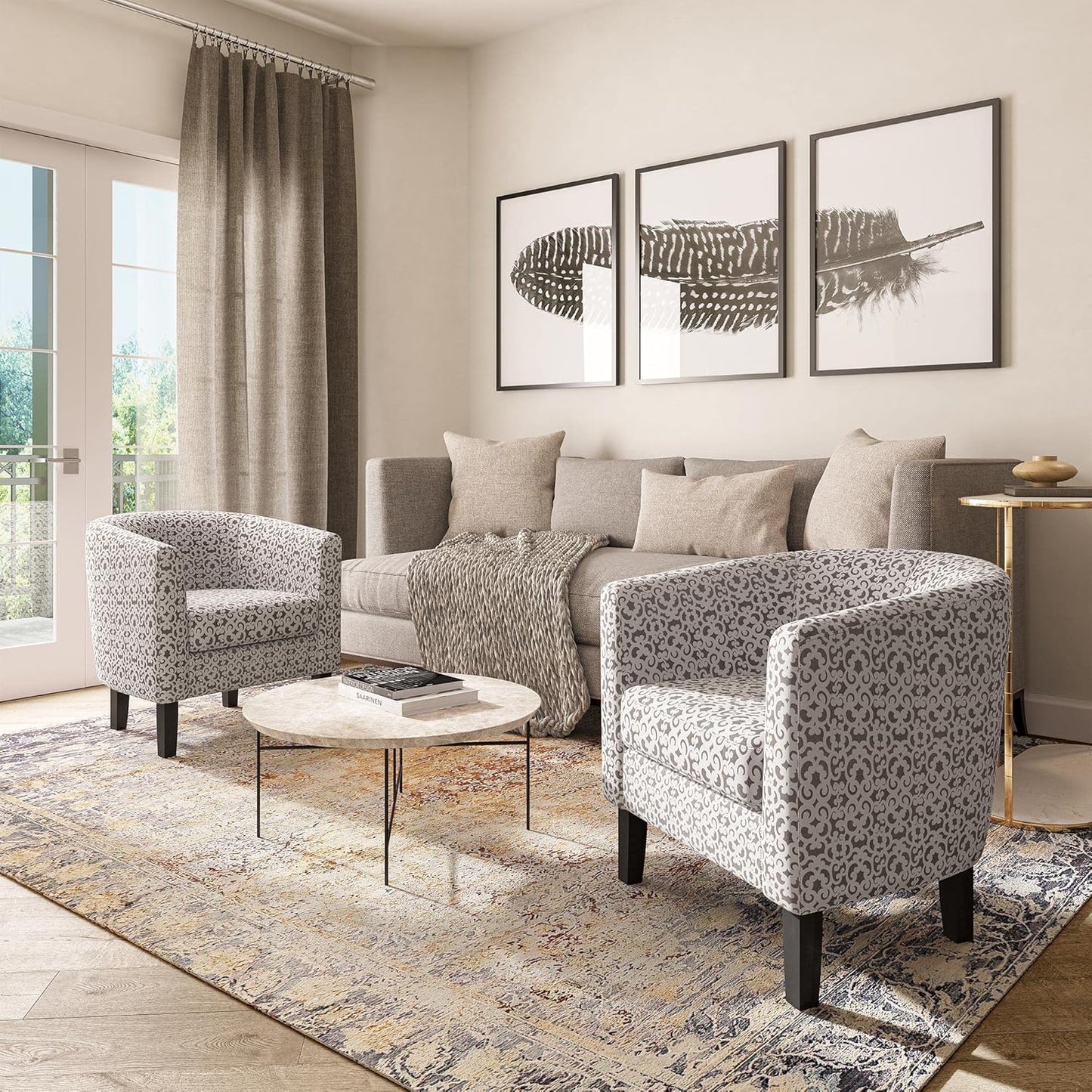 BELLEZE Accent Barrel Chair Set of 2, Linen Round Chair Club Tub Sofa Corner Chair with Flared Legs and Cozy Soft Padding for Living Room Bedroom Waiting Room - White & Brown