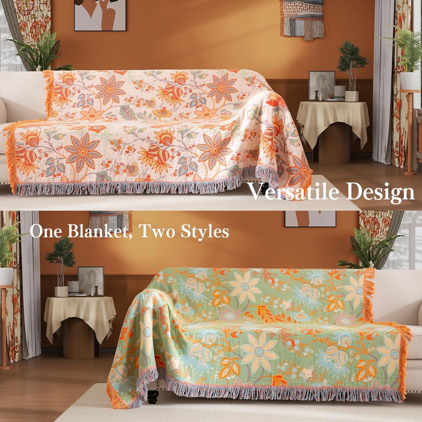 Boho Throw Blanket Twin Size, Soft Cozy Cotton Muslin Quilt Blanket for Bed Decor, Floral Patterned Couch Sofa Chair Cover, Vintage Farmhouse Cottage Tapestry Woven Blanket, Coral&Green