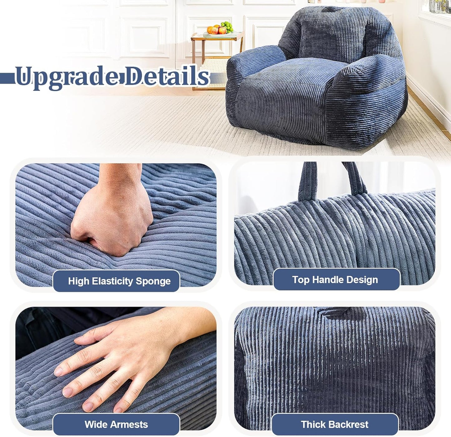 Giant Bean Bag Chair, Faux Fur Bean Bag Chair for Adults, Fluffy and Comfy Bean Bags with Filler, Big Bean Bag Sofa Chair for Reading, Gaming, Stuffed High-Density Foam, Grey