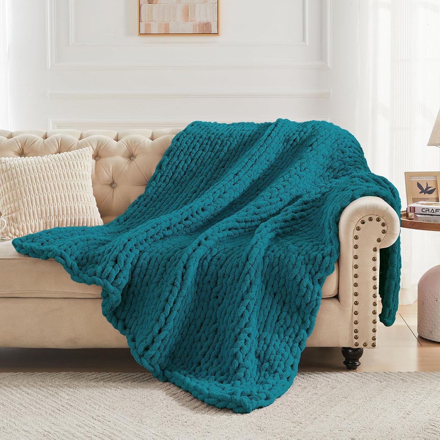 Carriediosa Chunky Knit Throw Blanket 50" X 60", 100% Hand Made Large Chenille Loop Yarn Soft Fluffy Throws for Couch Sofa Bed, Big Crochet Cozy Heavy Thick Cable Woven Blankets, Teal
