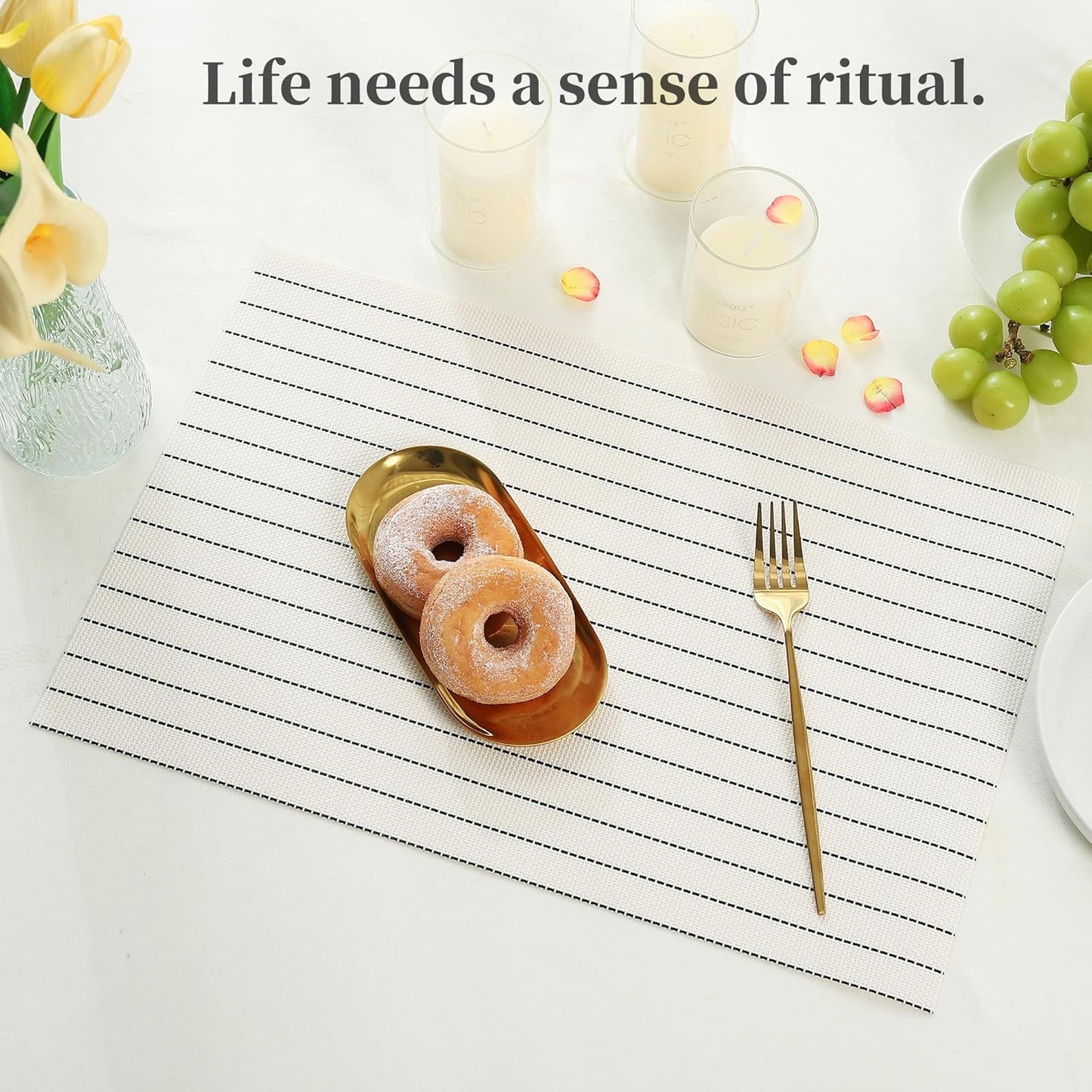 Leetaltree White with Black Stripes Placemats Set of 12 - Heat Resistant Non-Slip Place mats for Dining Table, Washable Durable PVC Vinyl Woven Table Mats(White Stripes, 12)