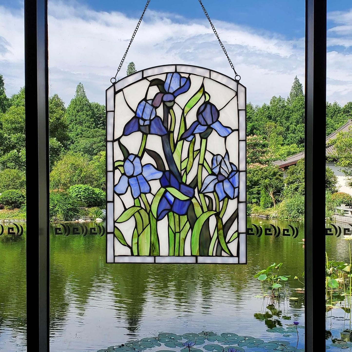 YOURANJU Iris Stained Glass Window Hanging 16" H x 11" W Tiffany Style Blue Rectangular Window Panel Suitable for Living Room Bedroom Kitchen Window Decoration Hangings with Chain