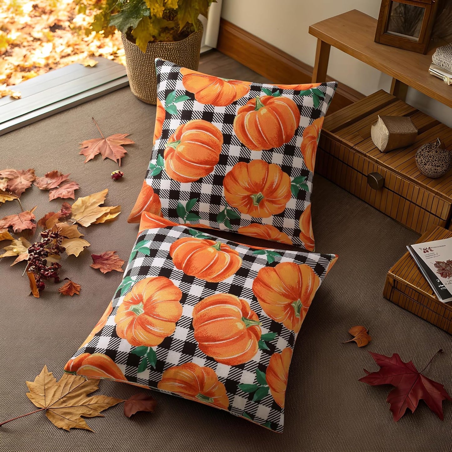 decorUhome Fall Orange Pumpkin Decorative Throw Pillow Covers 20x20 Set of 2, Buffalo Plaid Check Farmhouse Cushion Covers for Autumn Harvest Couch Sofa Bed Home Decor