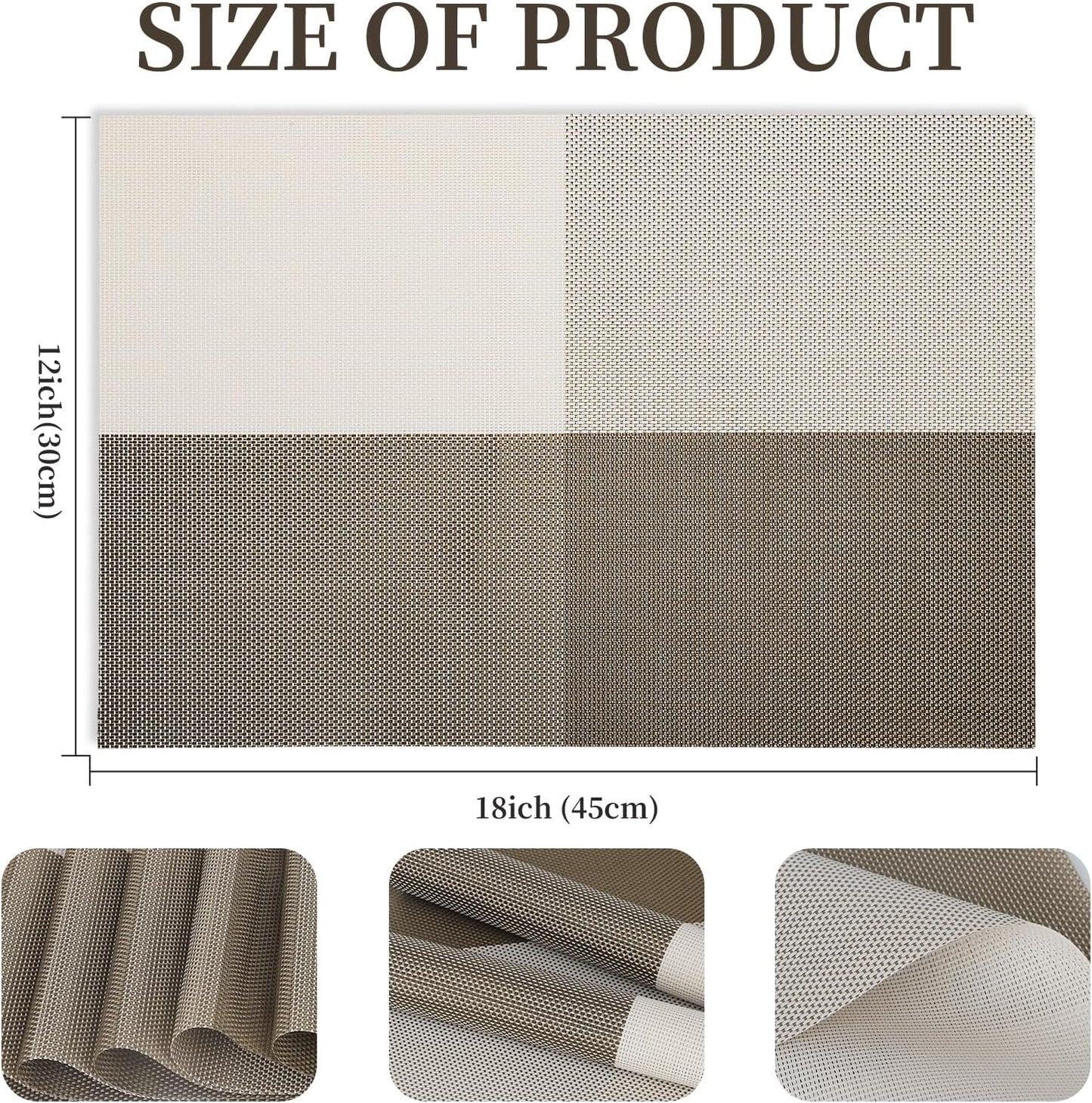 Vinyl Plastic Placemats Set of 6 Washable Heat Resistant Non-Slip Elegant Indoor Outdoor Kitchen Dining PVC Woven Table Place Mats (Light Coffee Lattice Block)