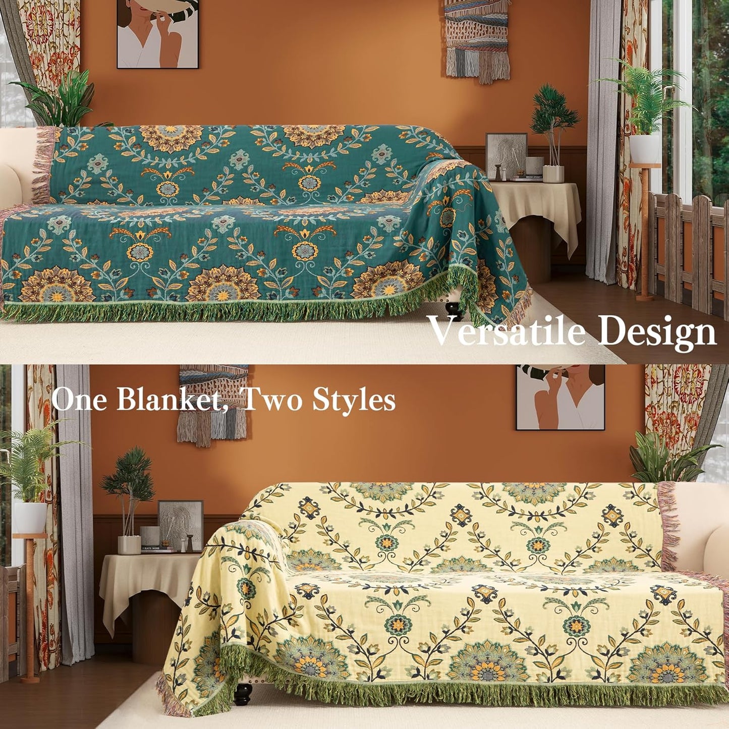 Boho Throw Blanket Twin Size, Soft Cozy Cotton Muslin Quilt Blanket for Bed Decor, Floral Patterned Couch Sofa Chair Cover, Vintage Farmhouse Cottage Tapestry Woven Blanket, Green&Beige