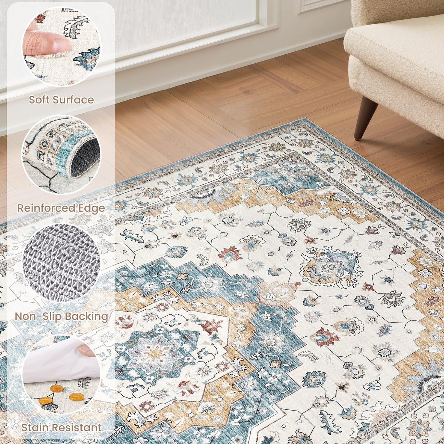 Washable Area Rugs for Living Room - 5x7 Neutral Vintage Distressed Floral Farmhouse Boho Large Soft Floor Rug Indoor Non Slip Carpet for Living Room Bedroom Dining Room Office - Blue/Yellow/Beige
