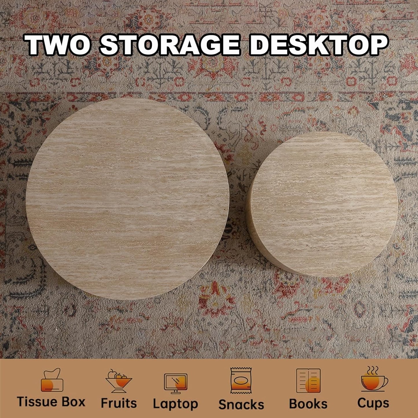 Round Nesting Coffee Table Set of 2, Modern Coffee and End Table Set Small Circle Wooden Drum Side Table Accent End Tables for Living Room Office, No Assembly,Travertine Large