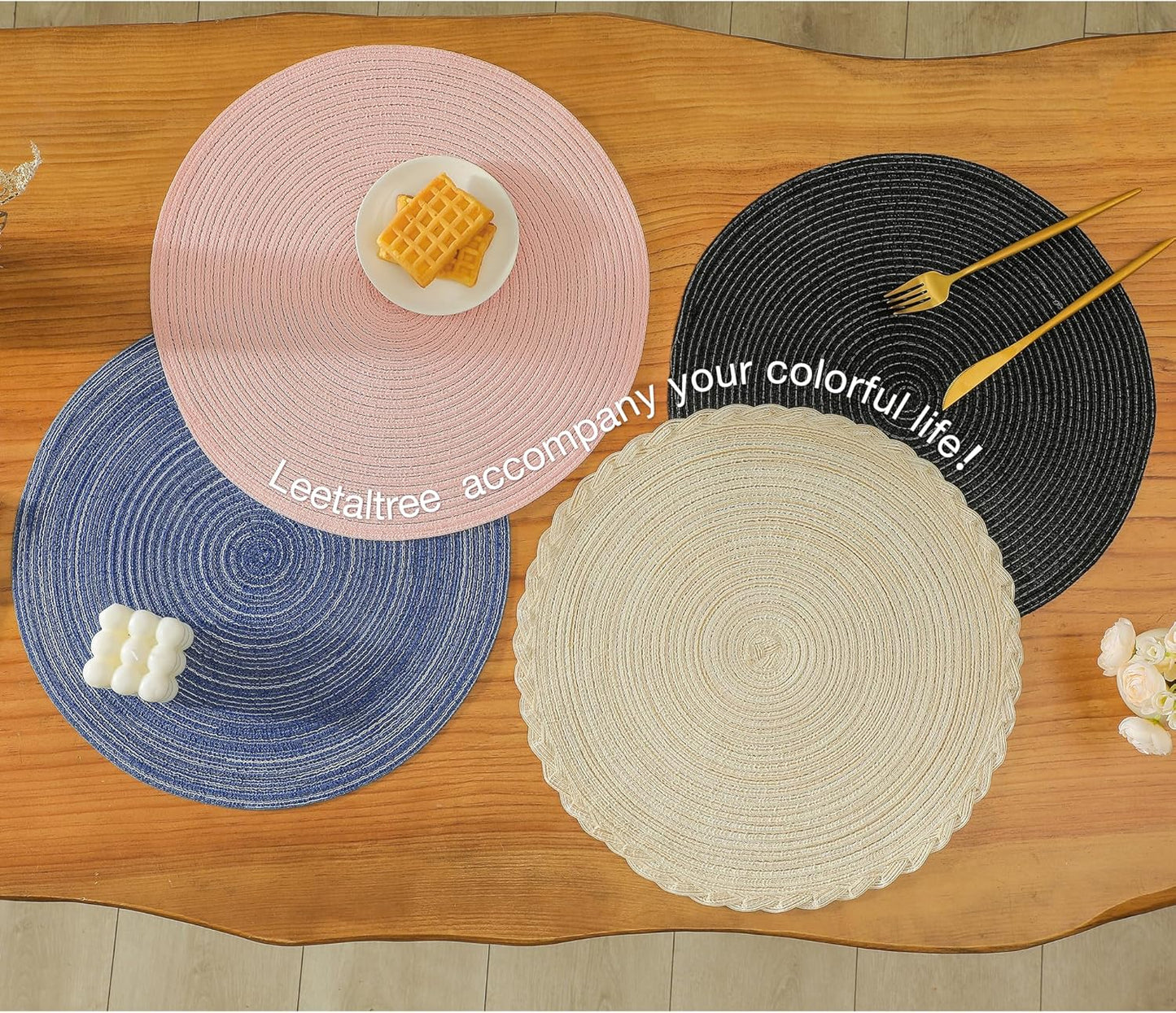 Leetaltree Round Placemats Heat and Slip Resistant Cotton Table Mats, Washable Bohemian Placemats for Dining Tables (Denim Blue, Set of 6)