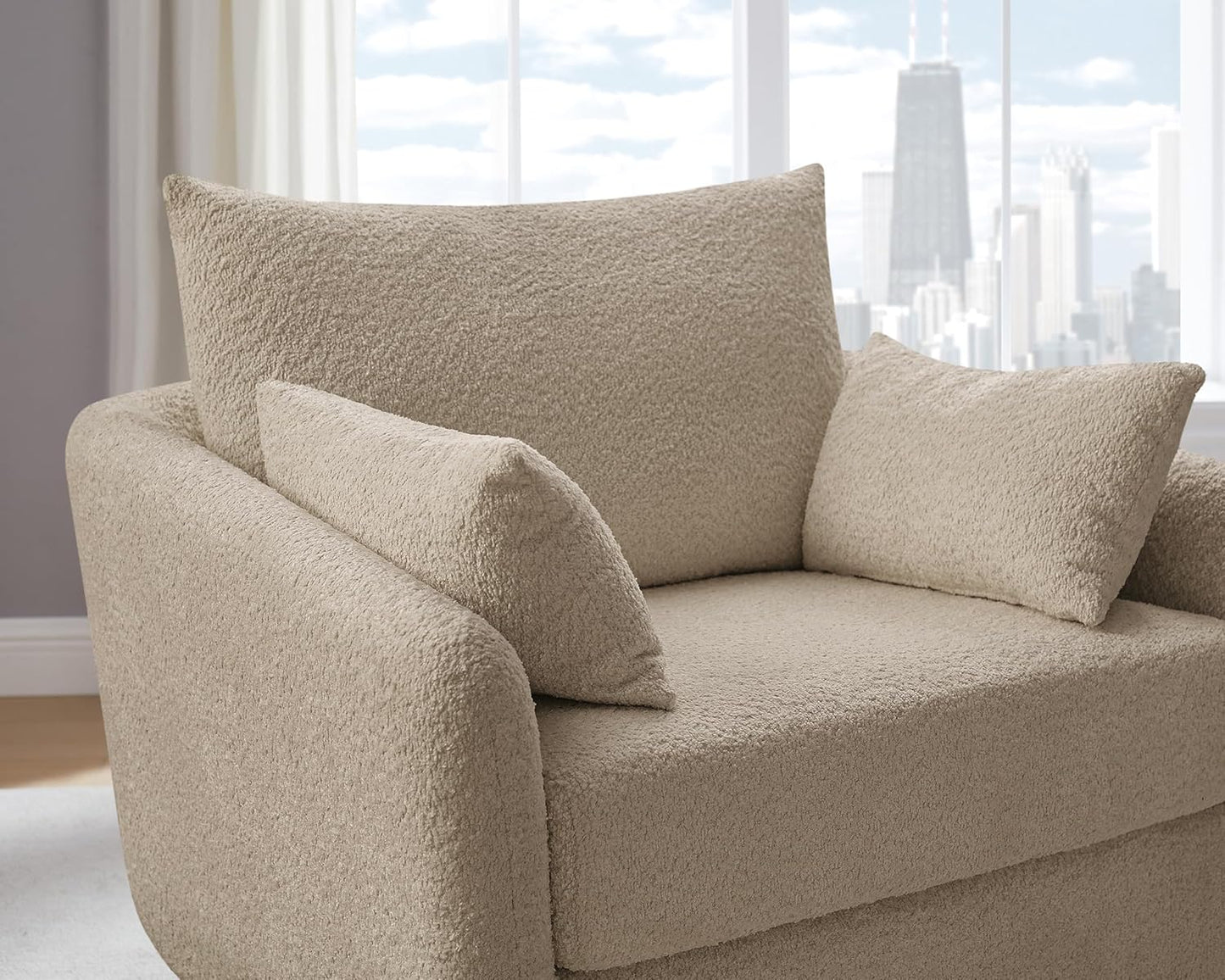 360° Swivel Accent Armchair, 39.3" Oversized, Sherpa Boucle Fabric Sofa Chair with Removable Back & Arm Pillows, Swivel Chair with Cozy Soft Padded, No Assembly Required (1, Camel)