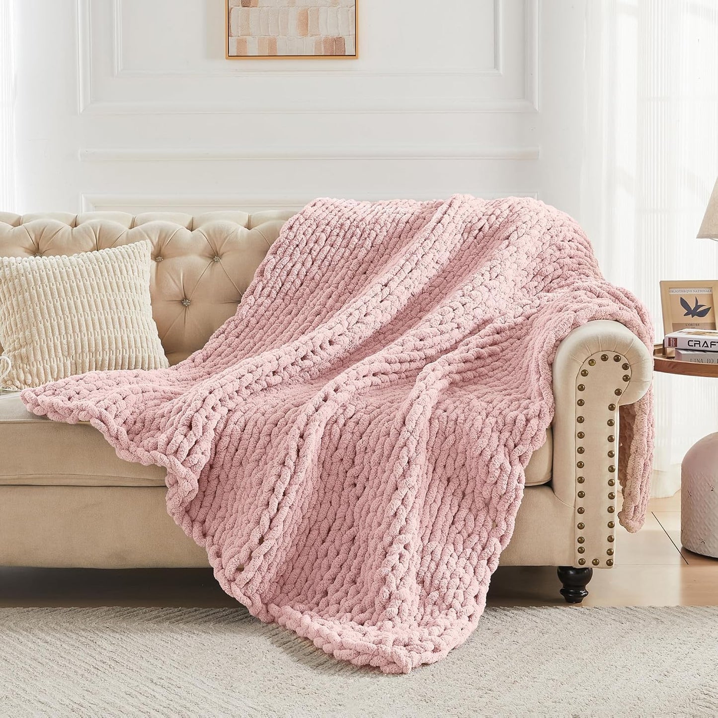 Carriediosa Chunky Knit Throw Blanket 60" X 80" Twin, 100% Hand Made Large Chenille Loop Yarn Soft Fluffy Throws for Couch Sofa Bed, Big Crochet Cozy Heavy Thick Cable Woven Blankets, Dusty Pink