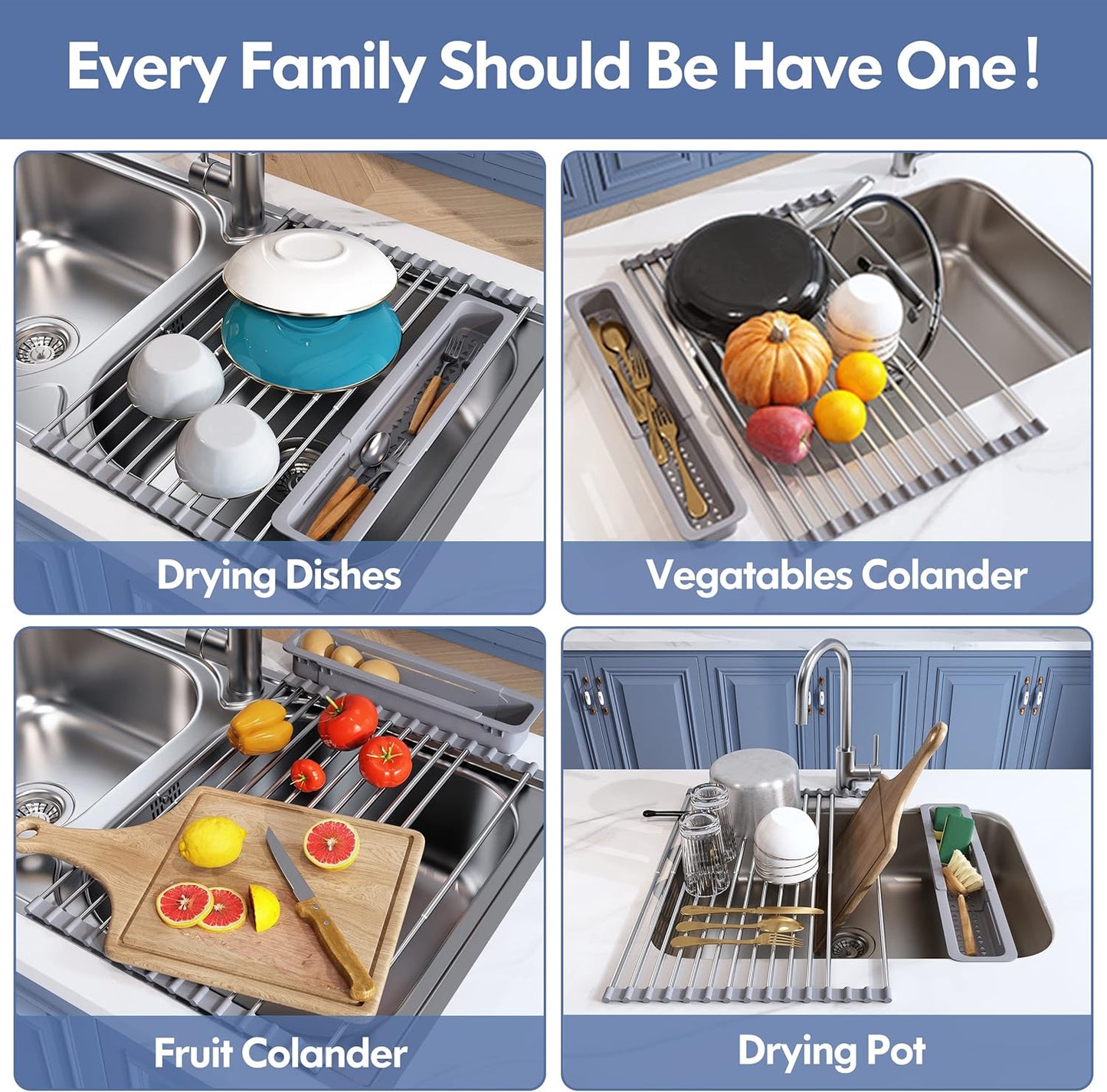 Over The Sink Dish Drying Rack for Kitchen, Expandable (12.8"-23.8" D x 15.5" W) Roll Up Dish Drainer with The Function of Fordable, Rust Proof, Large Sink Cover with Removable Utensil Holder
