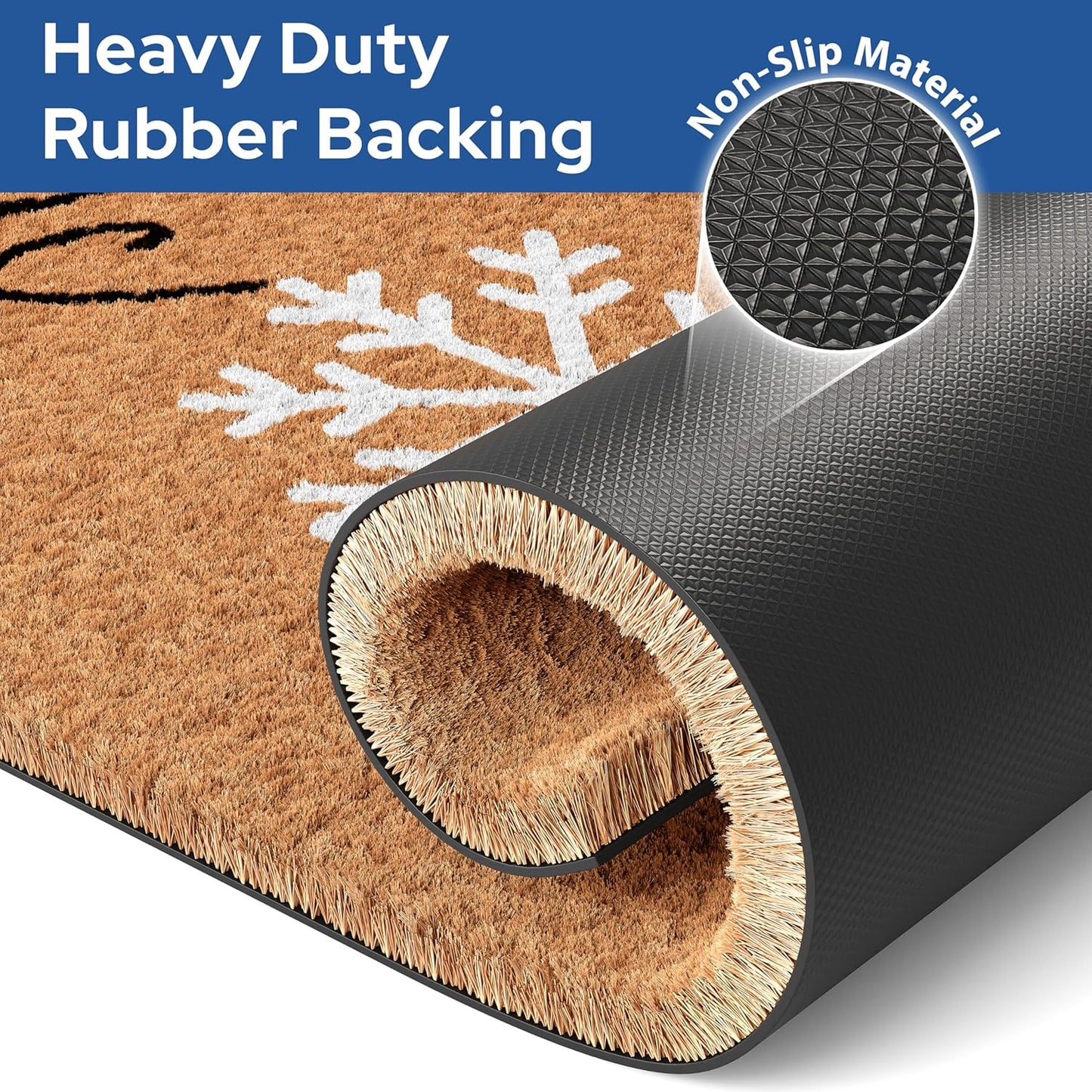 Barnyard Designs Natural Coco Coir Christmas Doormat - Large Cute Non-Slip Heavy Duty Backing Door Mat for Outside Entrance or Porch Entry, Brown (17x30, Winter Snowflake)