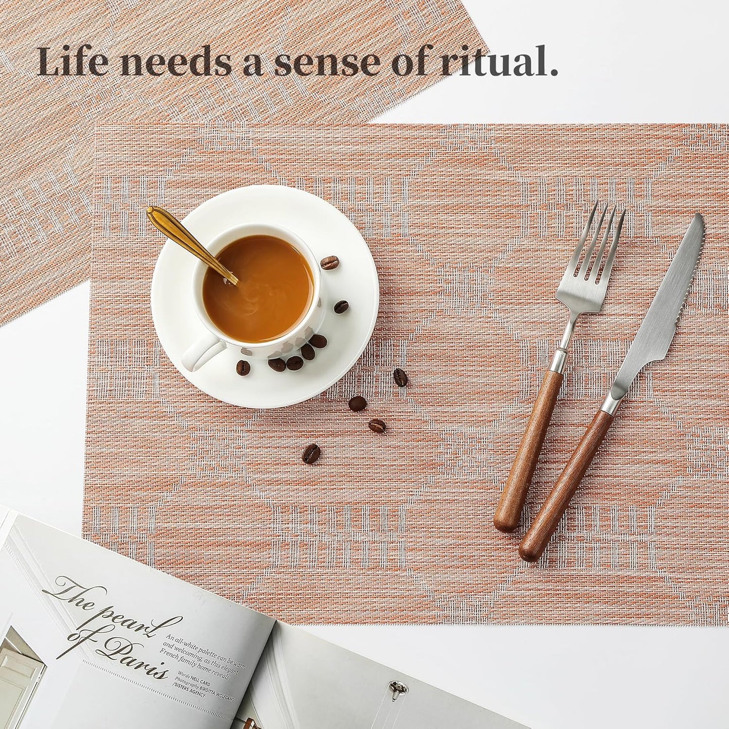 Leetaltree Coral Placemats Set of 6 - Heat Resistant Non-Slip Place mats for Dining Table, Washable Durable PVC Vinyl Woven Table Mats(Coral, 6)