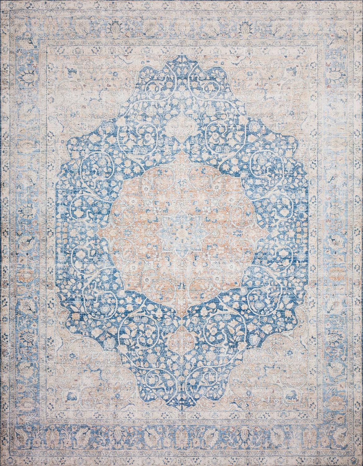 Loloi Layla Collection LAY-07 Blue/Tangerine 7'-6" x 9'-6" .13" Thick Area Rug, Soft, Durable, Vintage Inspired, Distressed, Low Pile, Non-Shedding, Easy Clean, Printed, Living Room Rug