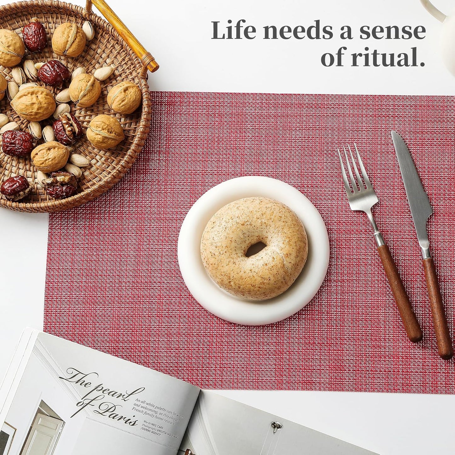 Leetaltree Red Placemats Set of 6 - Heat Resistant Non-Slip Place mats for Dining Table, Washable Durable PVC Vinyl Woven Table Mats(Red, 6)